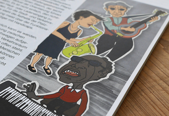 Auf dem Projektbild ist eine Abbildung eines Comics: Drei blinde Erwachsene musizieren– eine Saxofonistin, ein farbiger blinder Pianist und Sänger sowie ein blinder Gitarrist.