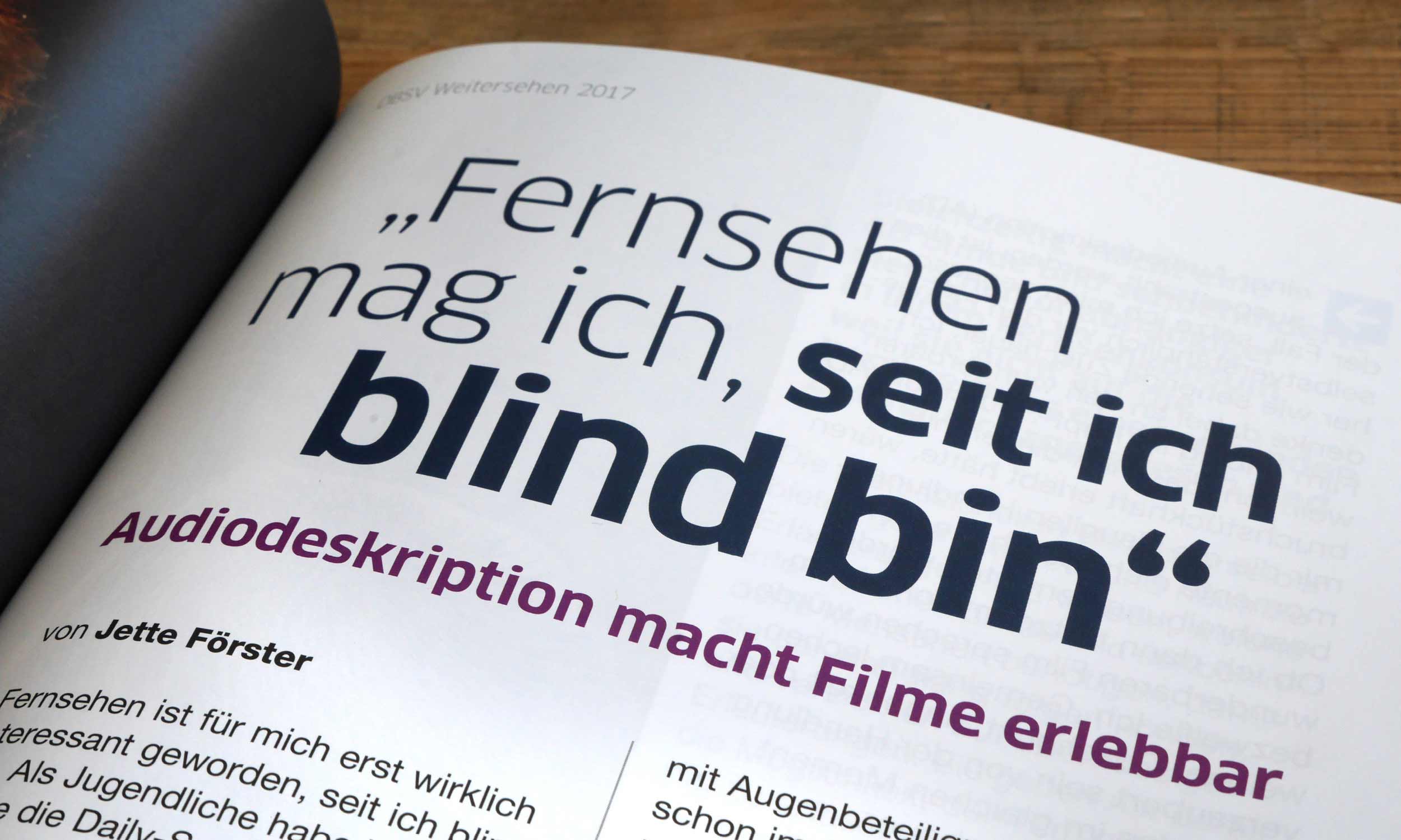 Detail der Überschrift einer Heftseite. Ein Erfahrungsbericht mit der Überschrift „Fernsehen mag ich, seit ich blind bin“