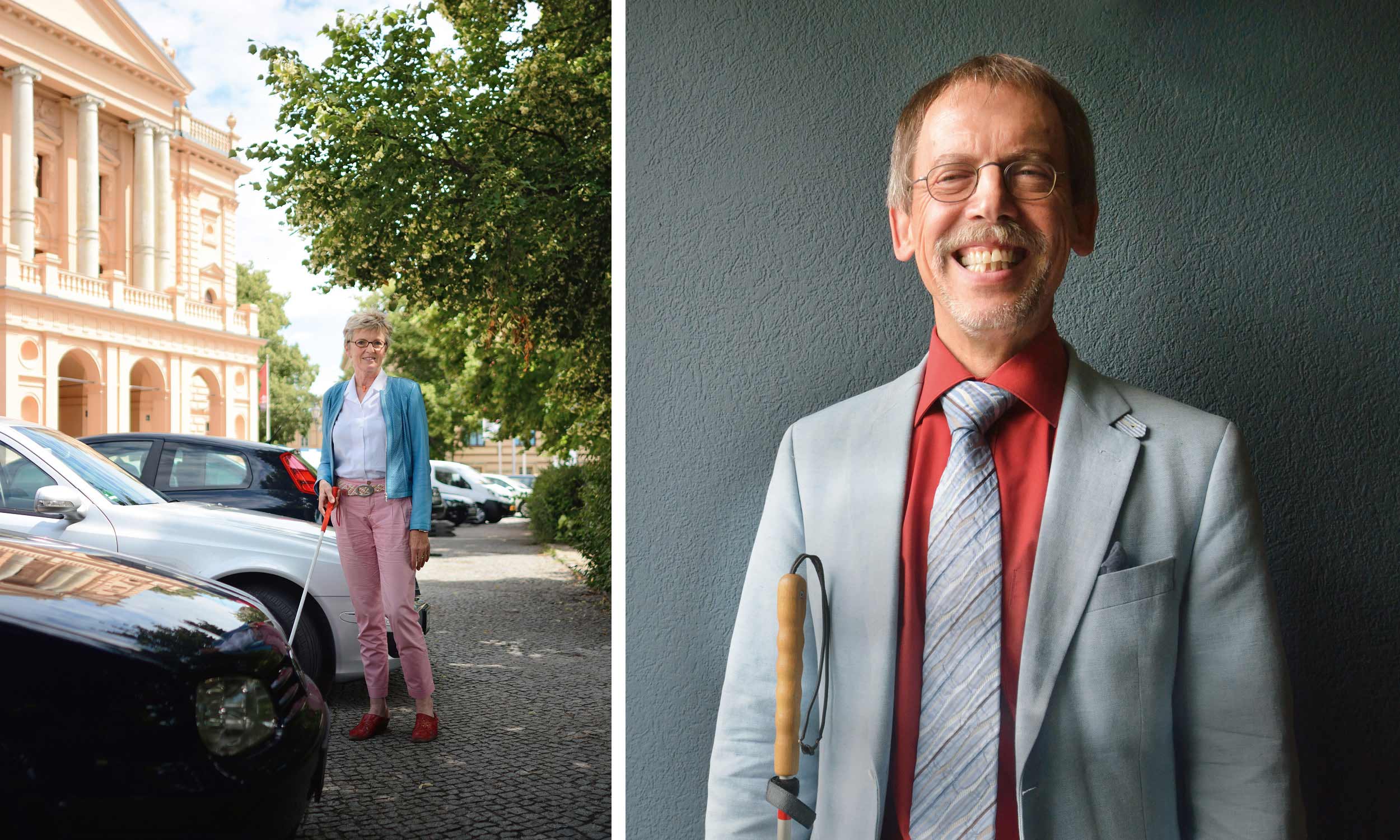 Zwei einzelne Fotos nebeneinander angeordnet: Links Frau Renate Reymann neben parkenden Autos vor dem Theater in Schwerin. Auf dem rechten Bild ein Portrait von einem freundlich lächelnden Klaus Hahn vor einer grauen Wand