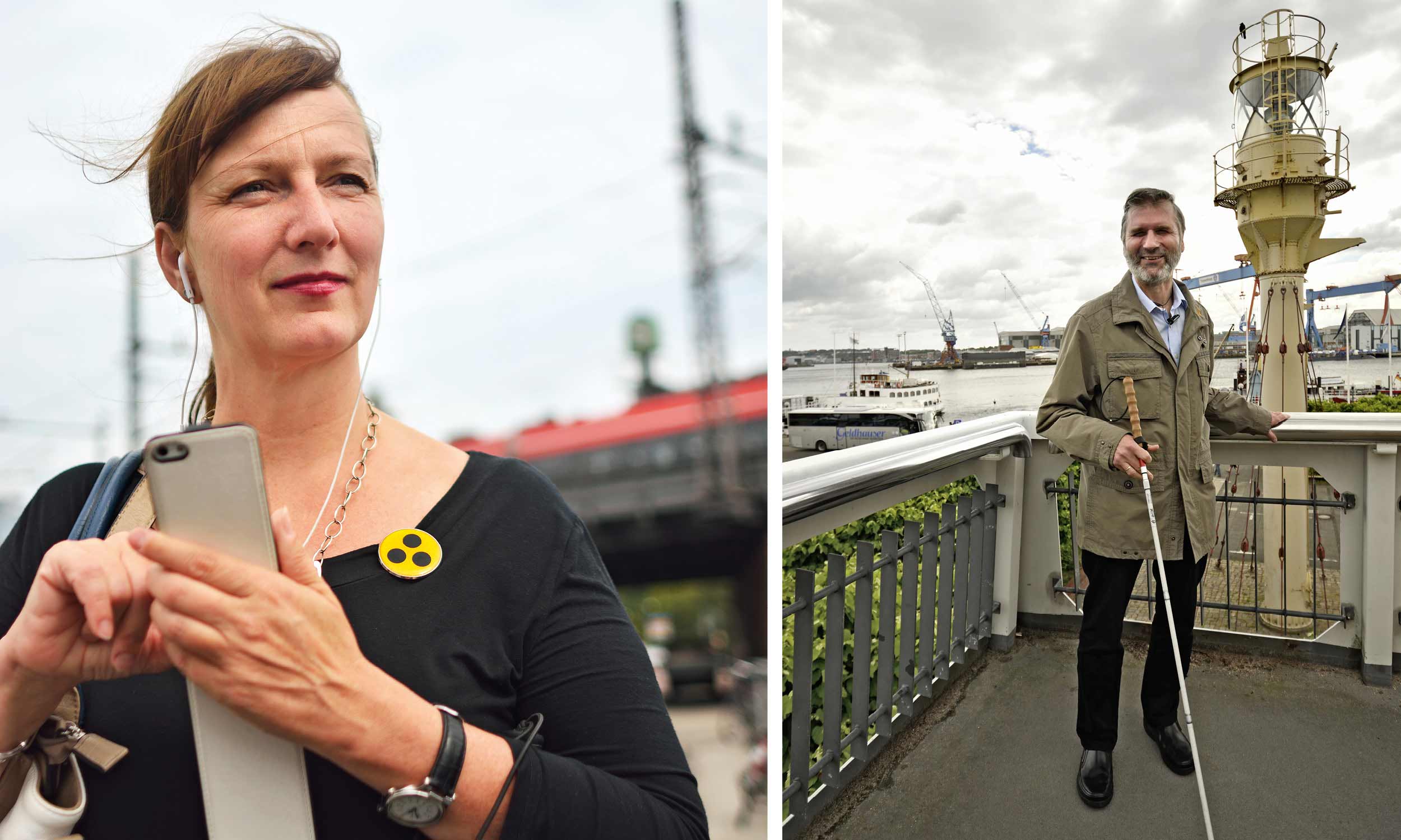 Two individual photos arranged side by side: On the left, a visually impaired woman with a mobile phone in her hand and headphones in her ear. In the background a bridge on which a red train is running. On the right, a blind man with a long cane in his hand in front of a parapet. Behind, a harbour complex with ships, cranes and a lighthouse.