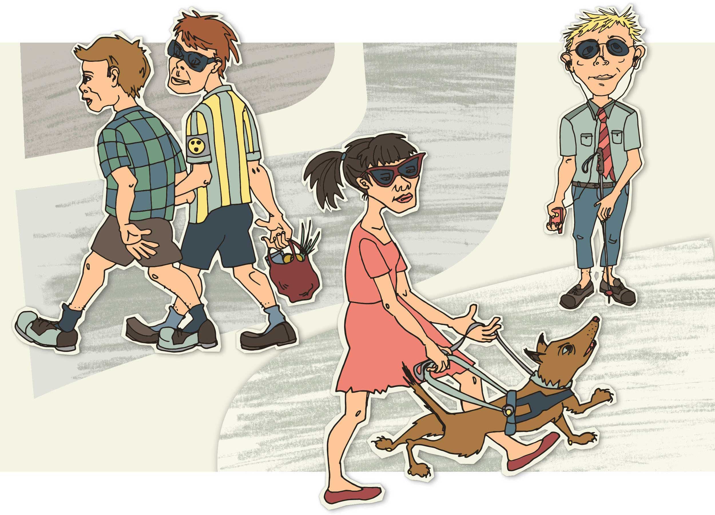 Image of a hand-drawn illustration: two young people, one of them blind, on their way home from shopping, a blind girl with a guide dog walking to their right and, again, a blind young person with an iPod next to her. All fashionably dressed and walking independently.