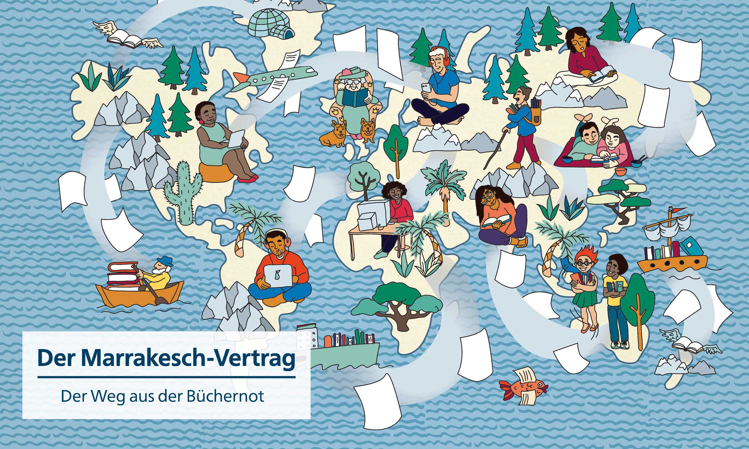 Handgezeichnete Illustration zu einem Artikel über den Marrakesch-Vertrag, Unterzeile „Der Weg aus der Büchernot“. Es zeigt eine Weltkarte mit Bergen, Bäumen, Schiffen, Flugzeugen und Vögeln. In den unterschiedlichen Regionen der Welt werden Menschen gezeigt, die auf verschiedene Weisen lesen.
