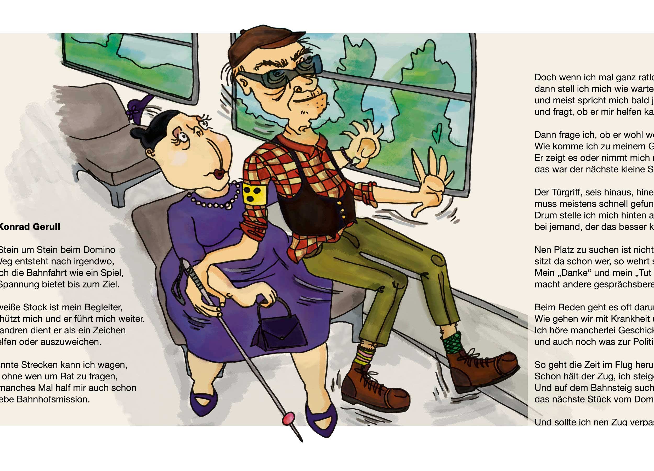 Eine handgezeichnete Illustration zu einem Gedicht über die Tücken einer Reise mit dem Titel „Eine Bahnfahrt, die ist lustig“. Sie zeigt einen blinden Mann mit Wanderstiefeln und Blindenstock, halb auf einer fülligen Frau sitzend
