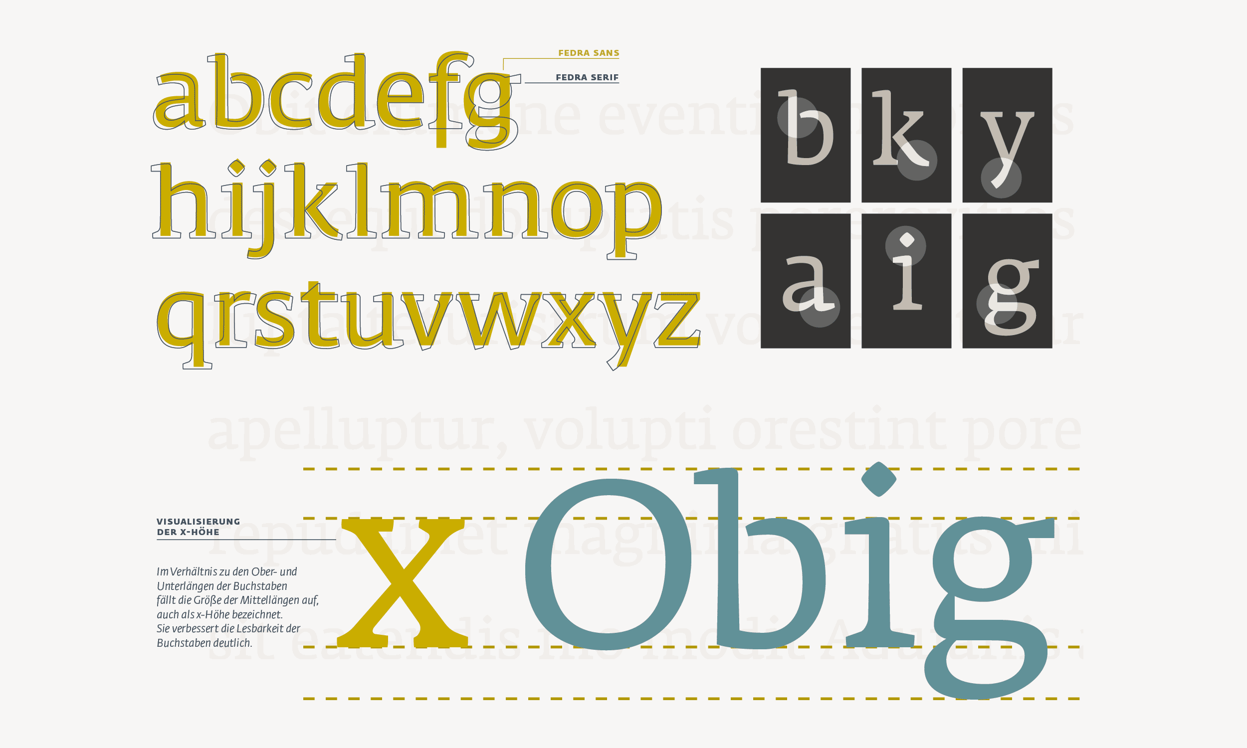 The wall design concept. A historical typeface in the colours yellow and blue is explained in detail.