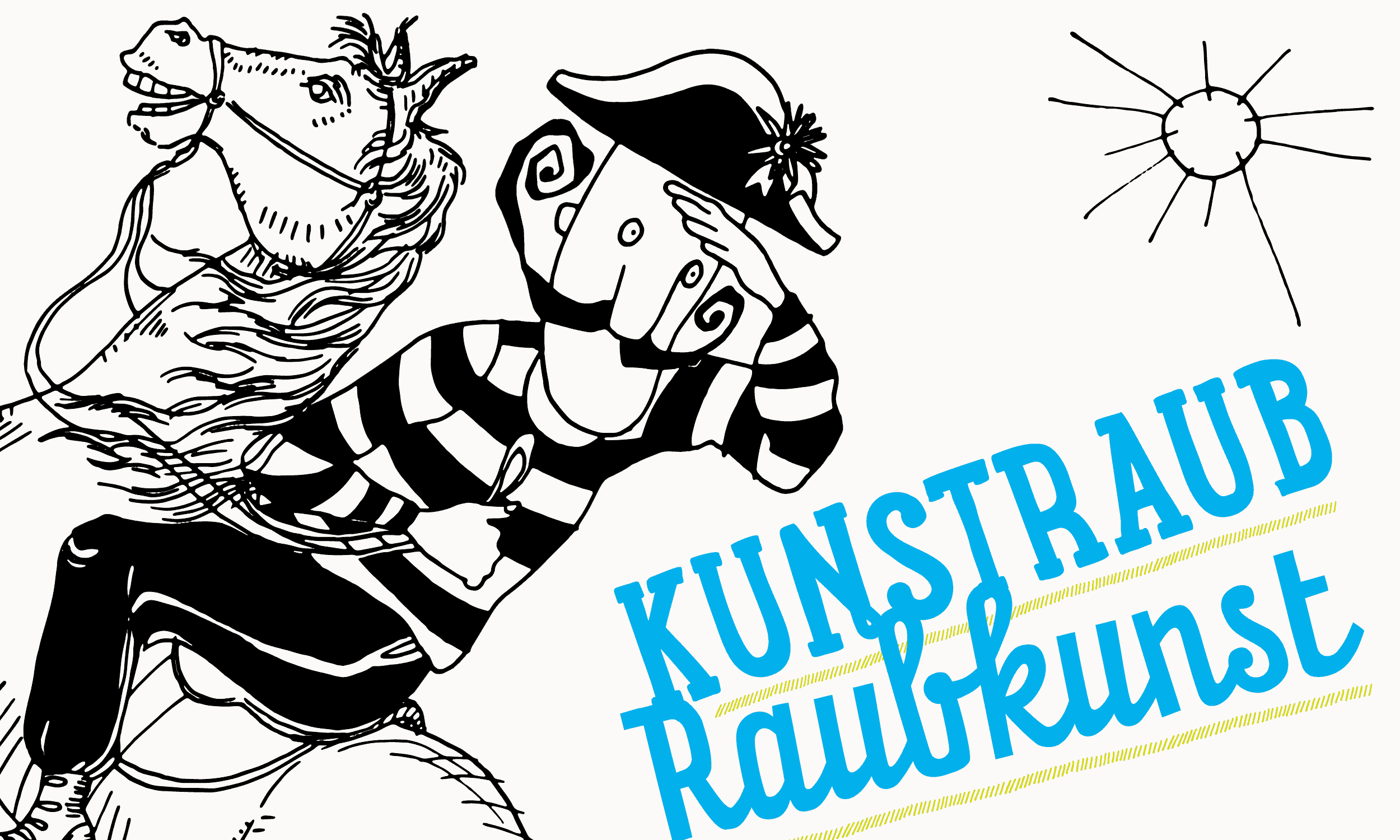 Illustration for the temporary exhibition "Kunstraub/Raubkunst"; the figure Kurti with Napoleon hat on a horse, to the right of it the lettering