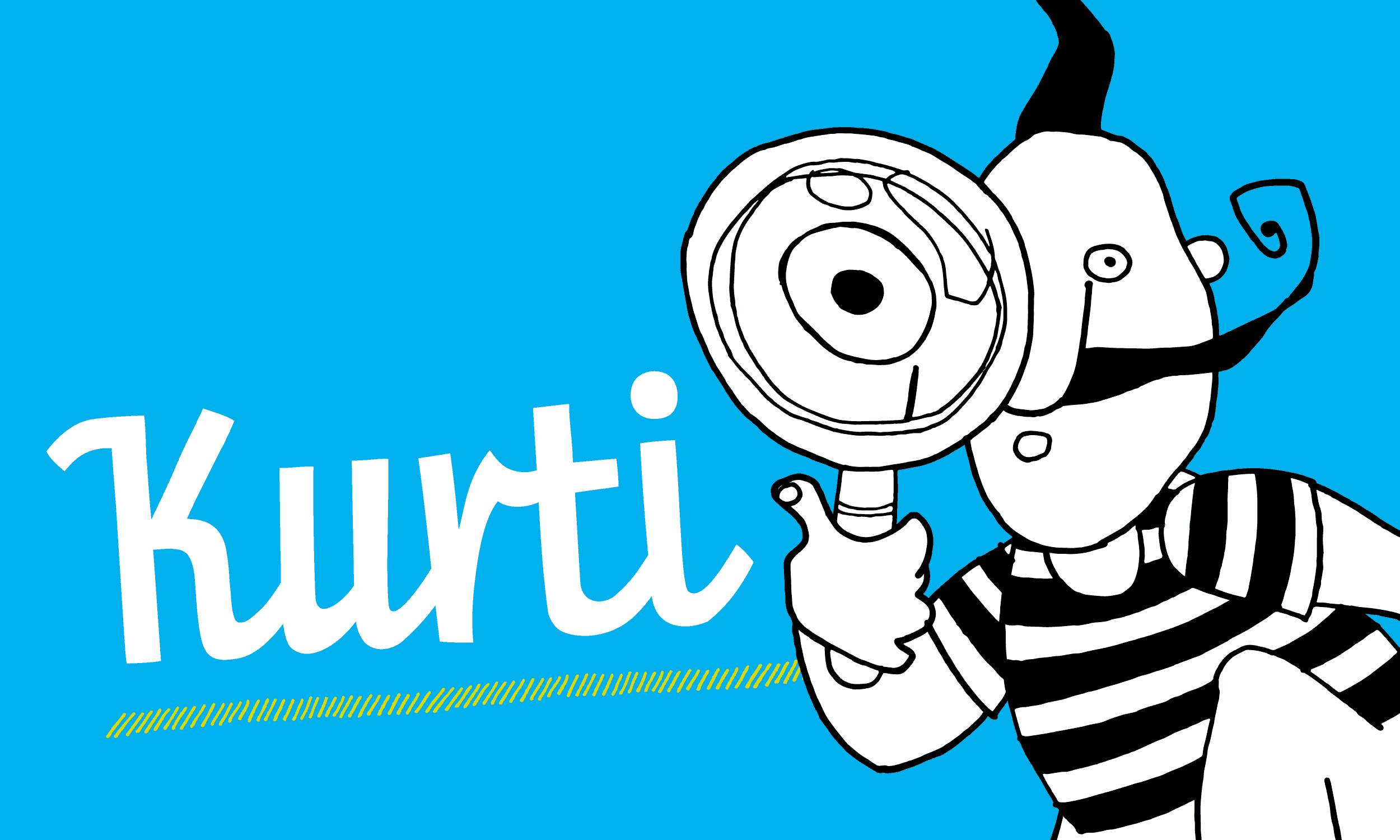 schwarz-weiße Illustration der Figur Kurti auf blauem Grund, links daneben der Schriftzug „Kurti“ in weiß