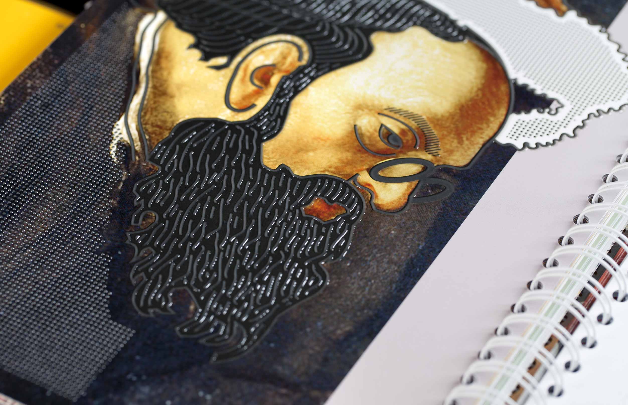 A tactile detail illustration to the side head of the scholar depicted in the painting The Geographer. The picture is part of a workshop painting made by a pupil of the famous Gerard Dou. The palpable structure of a beard worn by the scholar can be seen in the image.