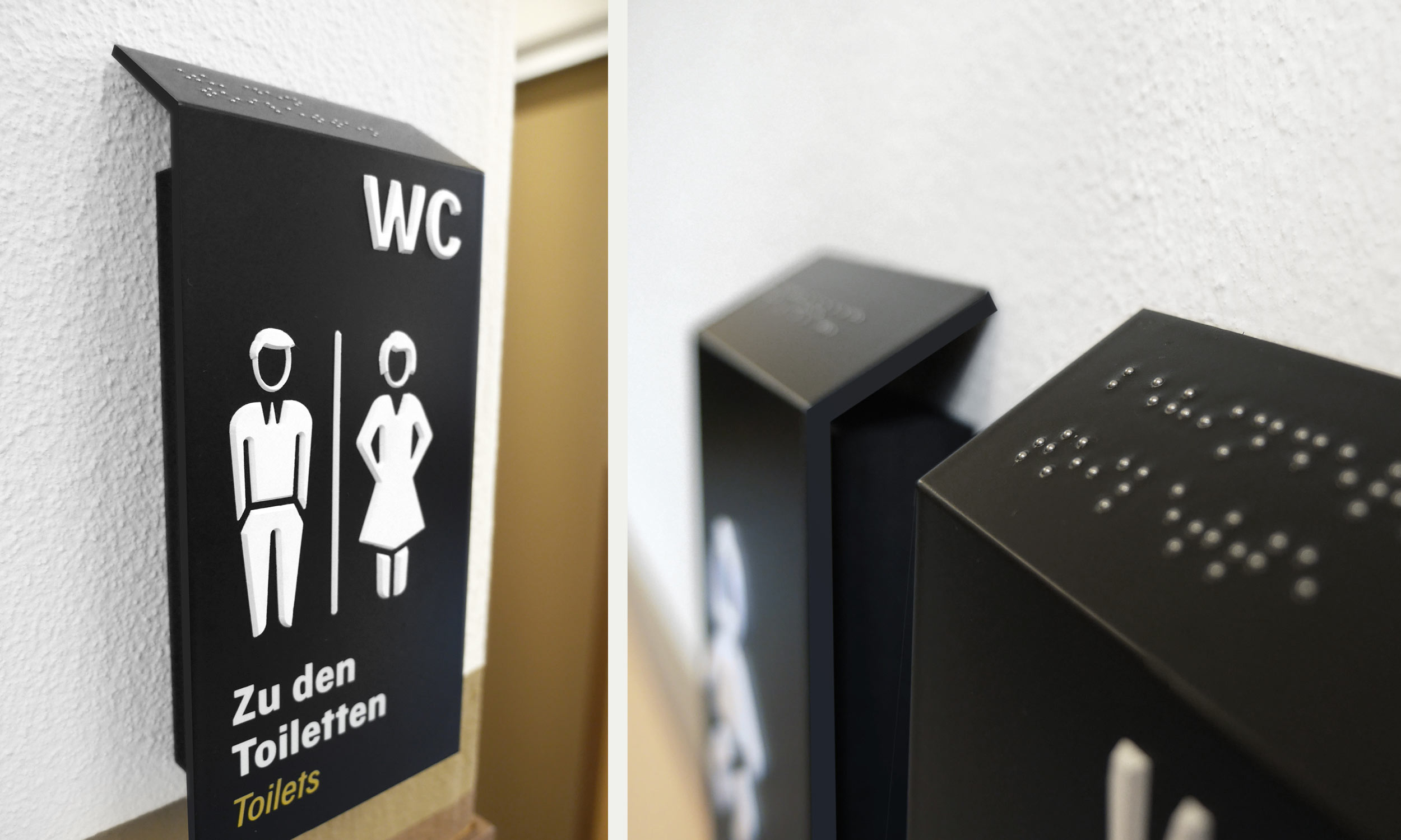 Photos of the toilet signage with tactile pictograms and separate marking in Braille