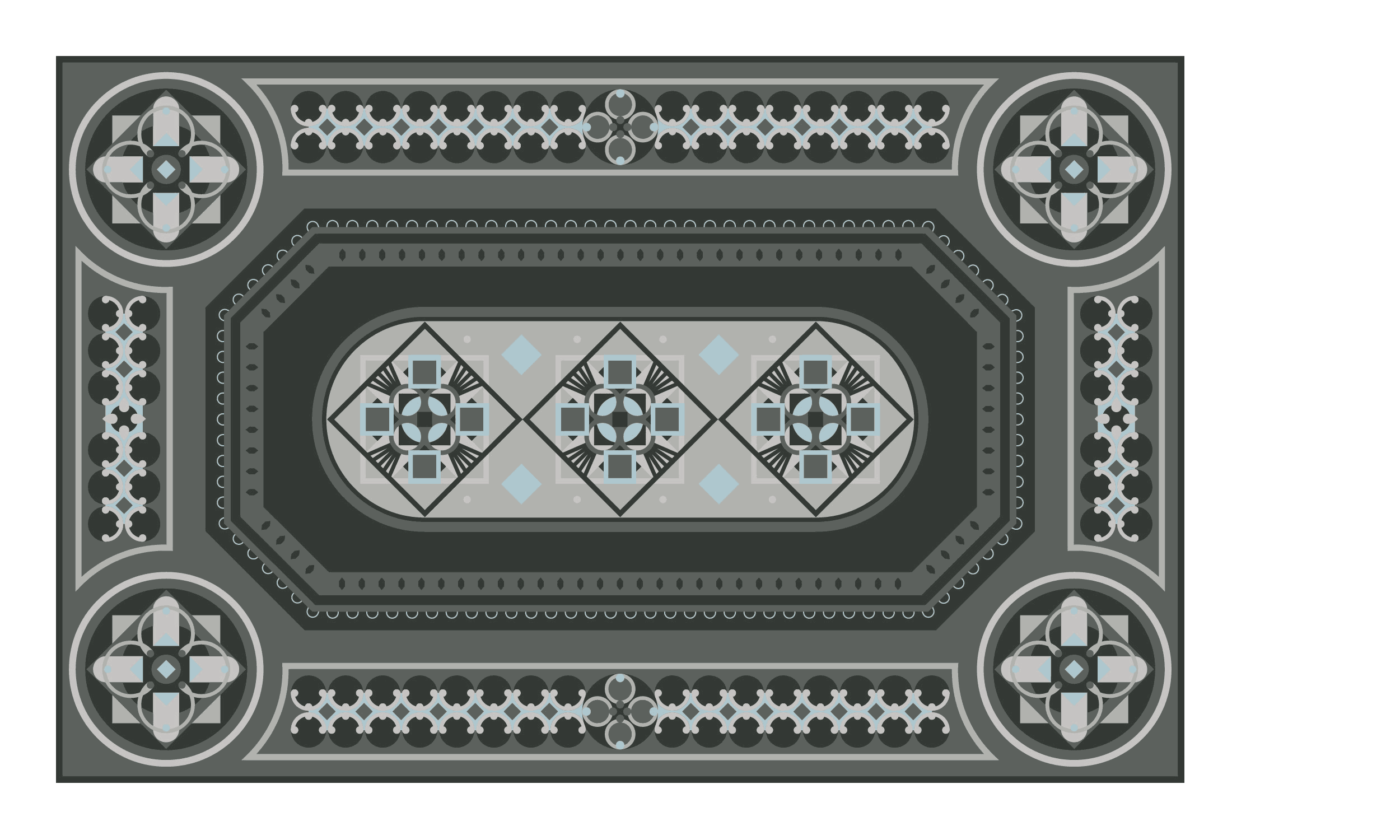 grafische Gesamtansicht des Teppichs aus dem Speisezimmer, Originalgröße: 5,17 x 3,33 m