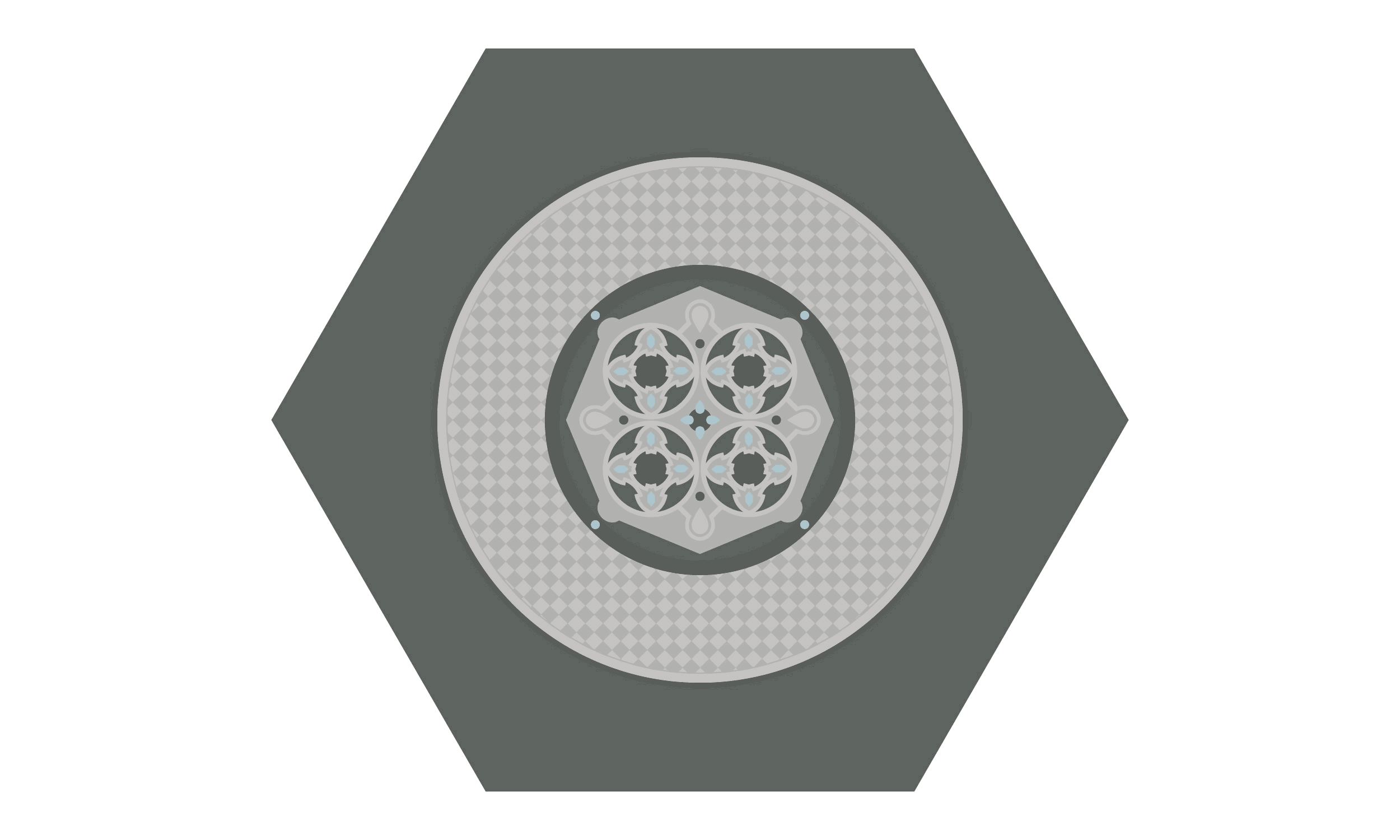 grafische Gesamtansicht des Teppichs aus dem Damenzimmer im Turm in Form eines Hexagons, Originalgröße: 2,40 x 2,08 m