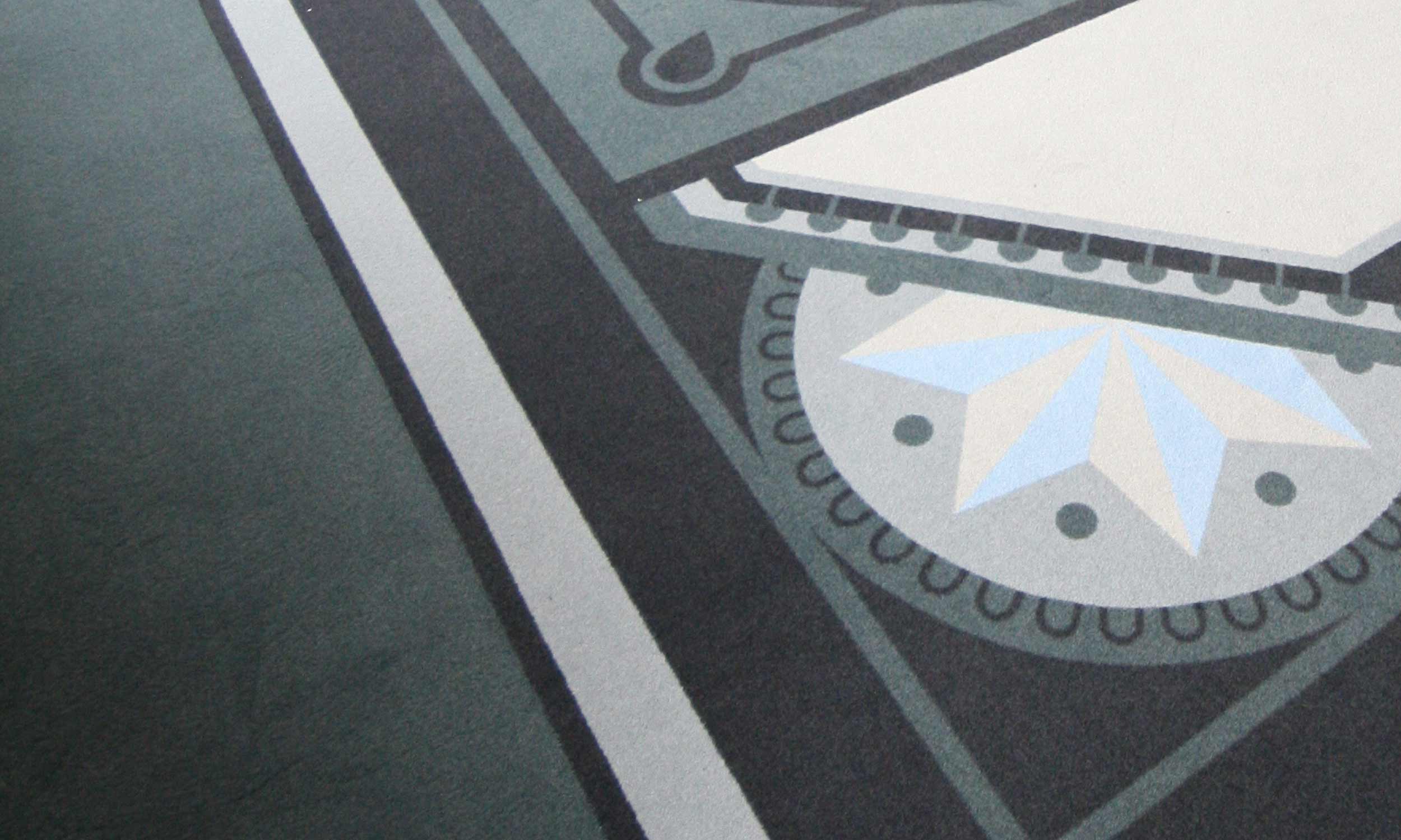 Detail of a carpet design. The focal point of the pattern is a two-coloured star in light blue and light grey in a grey circle, framed by blue-grey dots. Further lines and dots extend the pattern.
