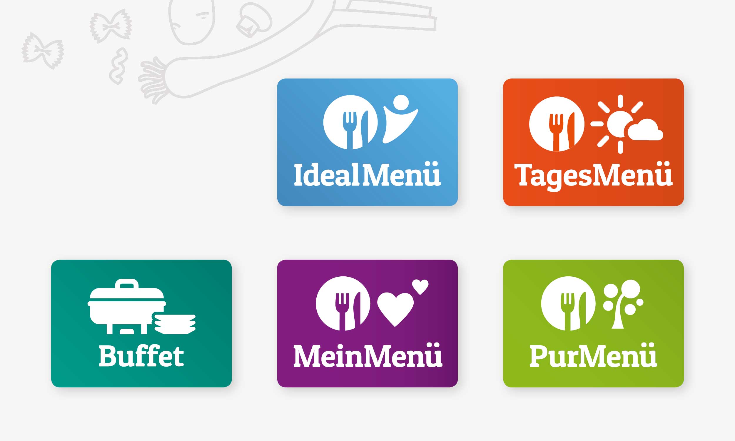 Abbildung der farblich unterschiedlichen Piktogramme für die Menülinien IdealMenü, TagesMenü, Buffet, MeinMenü, PurMenü.