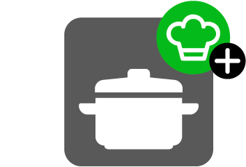 Bildmarke für die Zubereitungsküche, bei der direkt in der Einrichtung gekocht wird, bestehend aus einem stilisierten Kochtopf (weiß auf dunkelgrauem Quadrat), ergänzt um eine stilisierte Kochmütze (weiß auf grünem Kreis) in der rechten oberen Ecke des Quadrats und ein weißes Plus-Zeichen auf einem kleineren schwarzen Kreis
