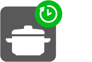 Bildmarke für die Warmanlieferung, bei der das bereits fertige Essen in die Kita geliefert wird, bestehend aus einem stilisierten Kochtopf (weiß auf dunkelgrauem Quadrat), ergänzt um eine stilisierte Uhr (weiß auf grünem Kreis) in der rechten oberen Ecke des Quadrats