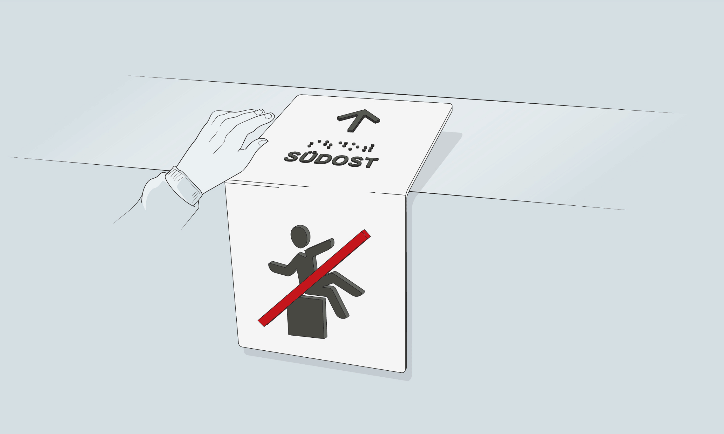 Illustration of the marking of the compass direction as well as the warning "Danger of falling" as a pictogram, with Braille and profile writing on the wall of a viewing platform.