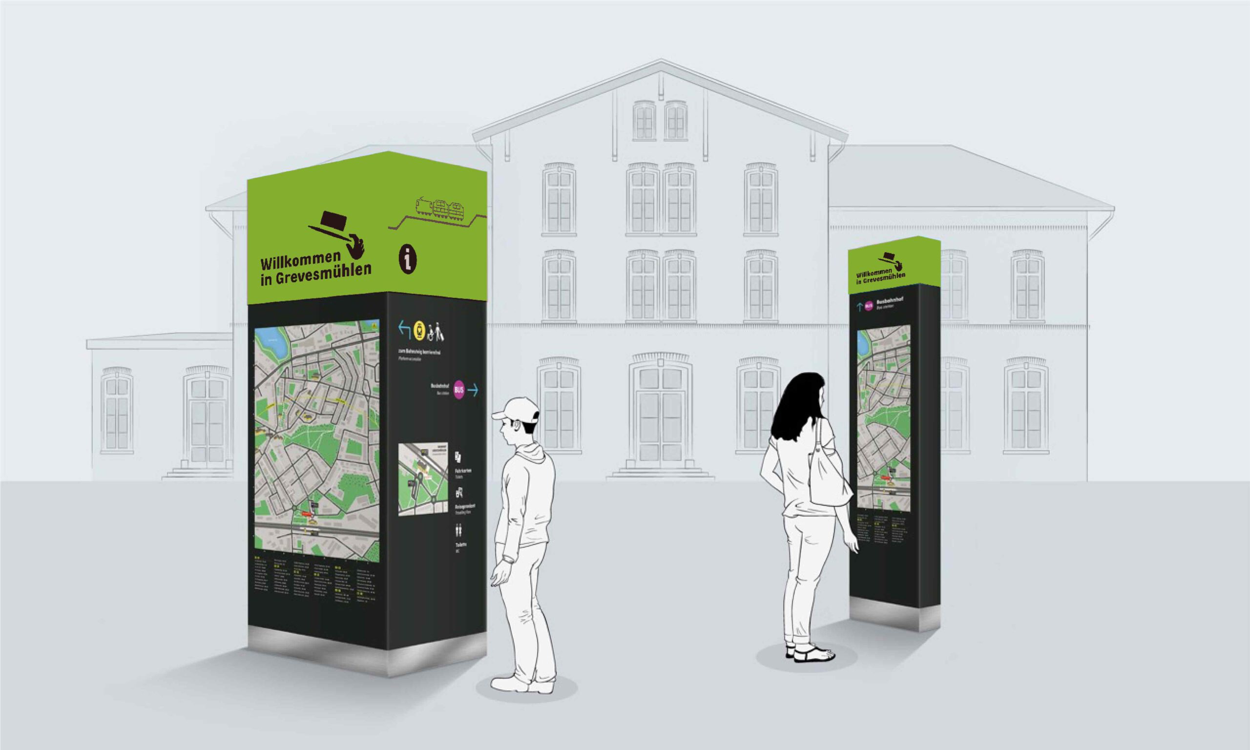 Layout zur Verortung von Informationssäulen im Umfeld des Bürgerbahnhofes