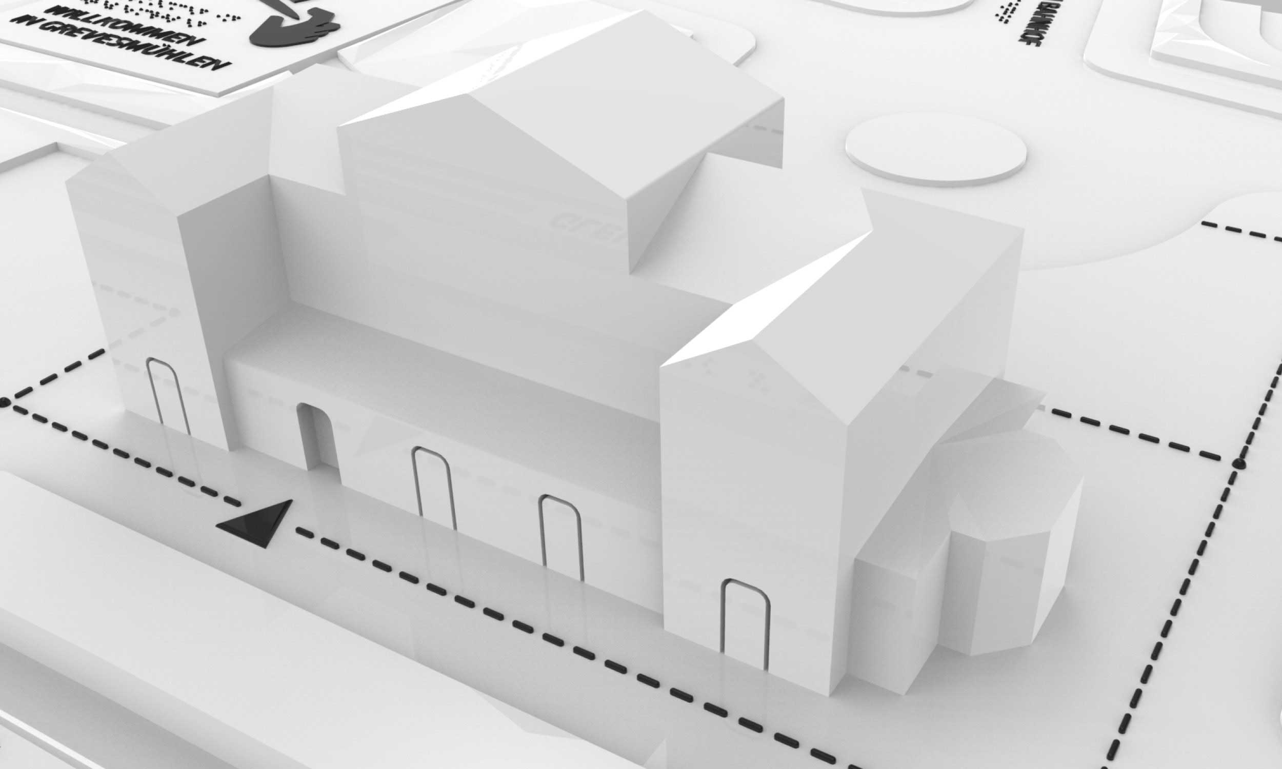 Three-dimensional view of the station building and its surroundings with the help of a computer programme. The building itself and the surroundings have a glossy white surface. The tactile elements, such as dotted lines and inscriptions in Braille and profile writing, are black.