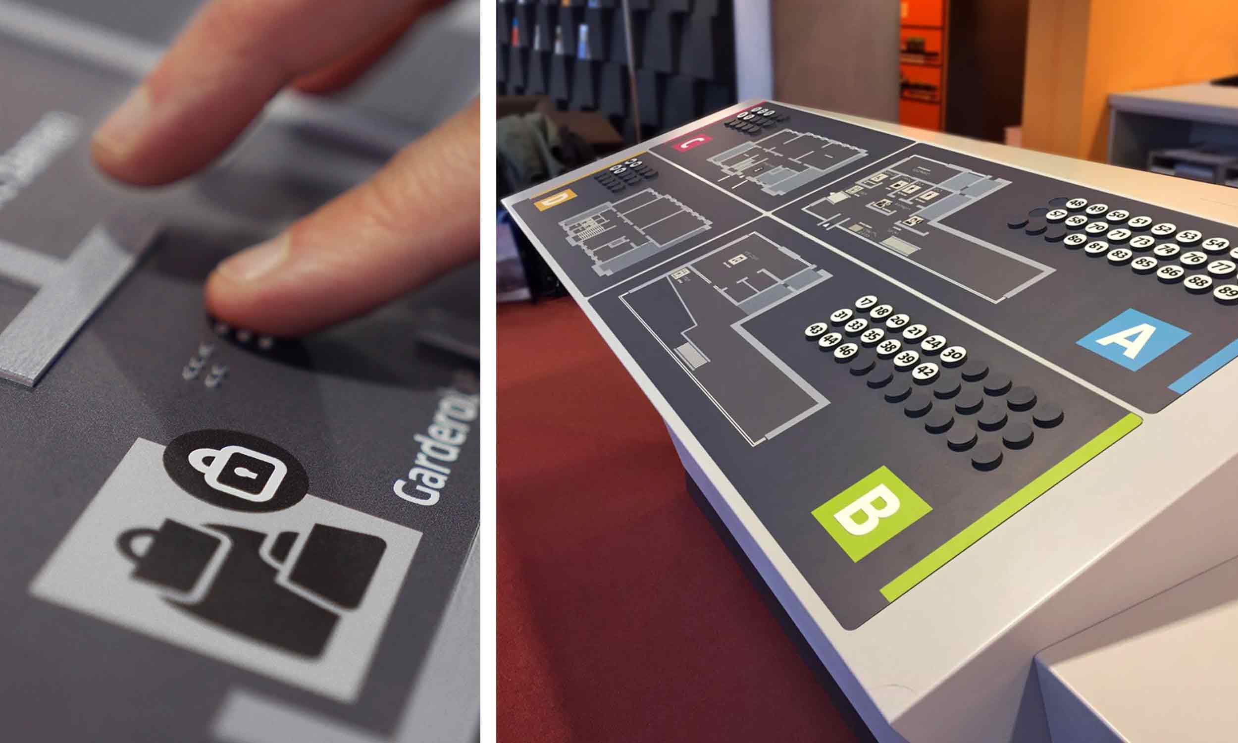 two-part image; left: Close-up of tactile fingers on a tactile overview map of the State Library; right: four tactile overview maps embedded in the service counters also offer sighted people the opportunity to find their way around within the library.