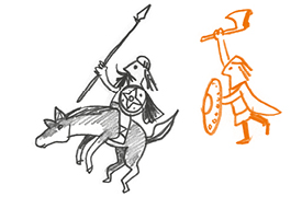 Illustration with two Roman warriors, one of them on a horse, the other with an axe