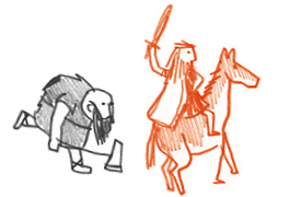 Illustration mit zwei germanischen Kriegern, einer davon auf einem Pferd, der andere mit einer Axt