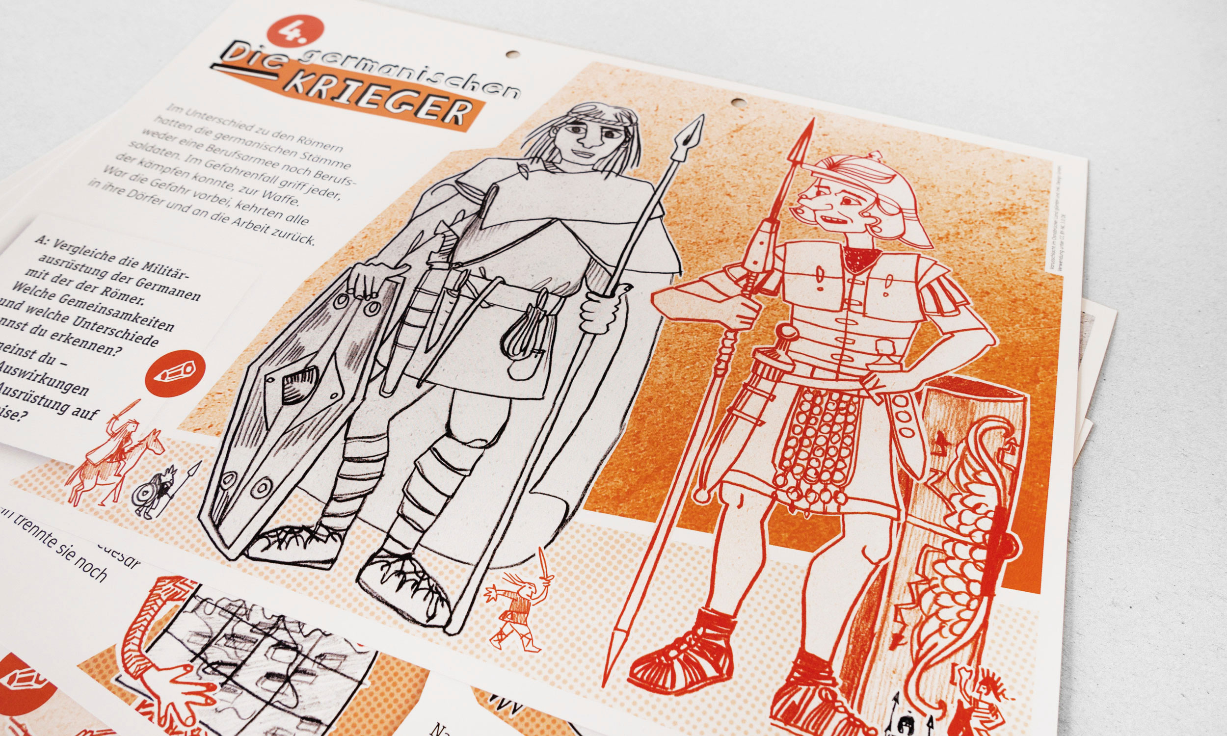 Foto der Lernmaterial-Seite ”Die germanischen Krieger” mit vergleichender Illustration der Waffen germanischer und römischer Krieger