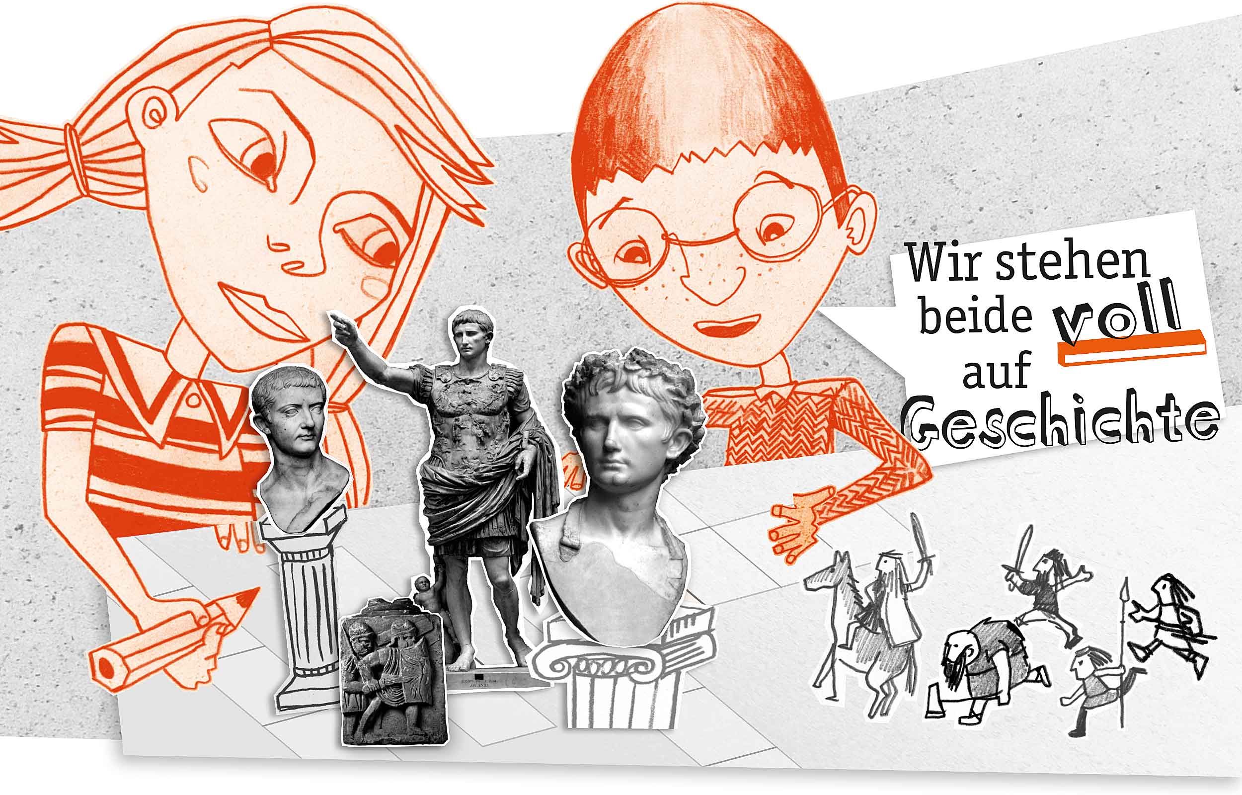 Illustration von Oskar und Sophie in Kombination mit fotografischen Abbildungen von Römer- und Germanenstatuen