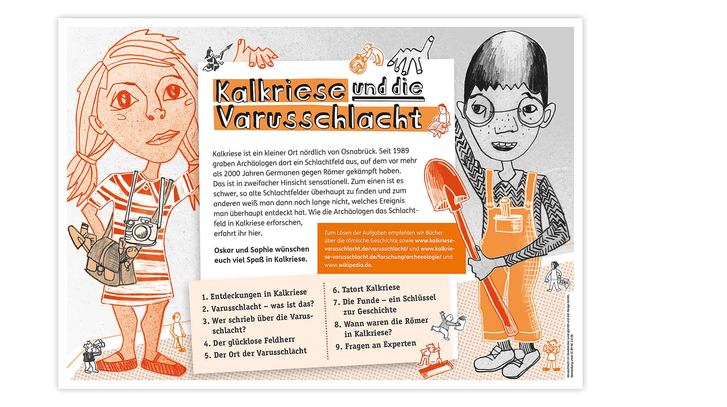 Arbeitsblatt zur Themenbeschreibung „Kalkriese und die Varusschlacht“ mit Illustration von Oskar und Sophie