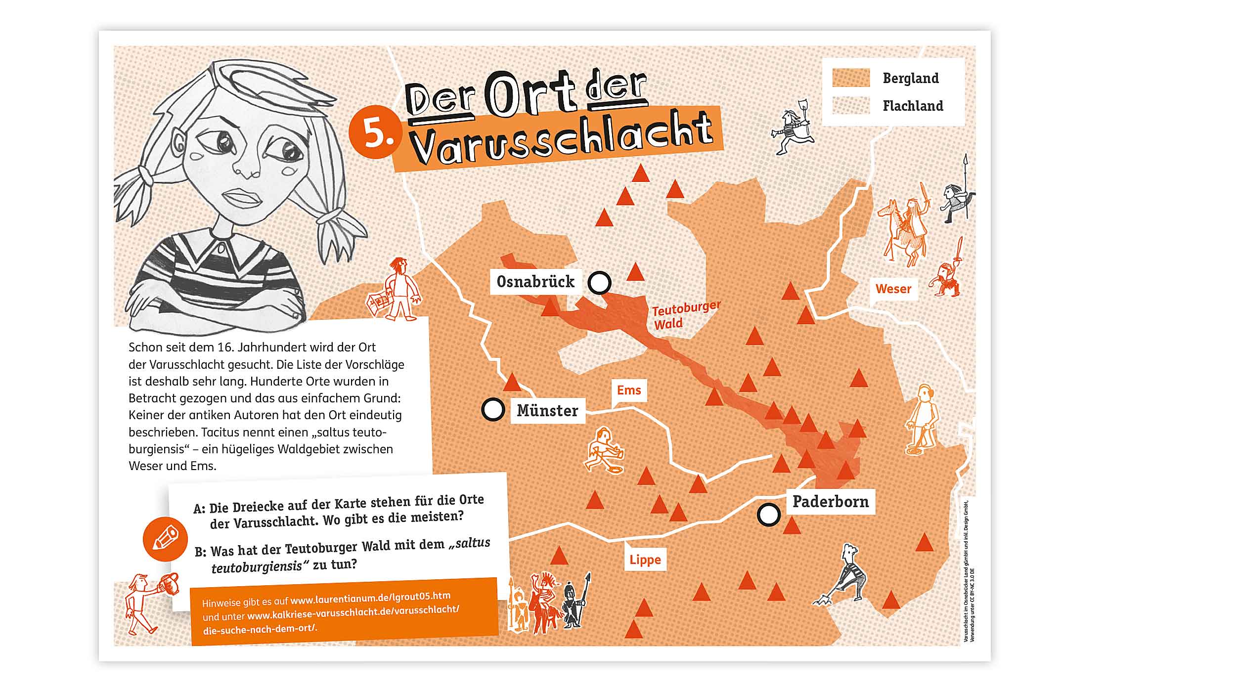 Worksheet "The site of the Varus Battle", on which Sophie illustrates the most important battle sites on a map.