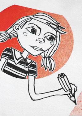 Ausschnitt einer Illustration von Sophie, die einen Ort mit Bleistift markiert