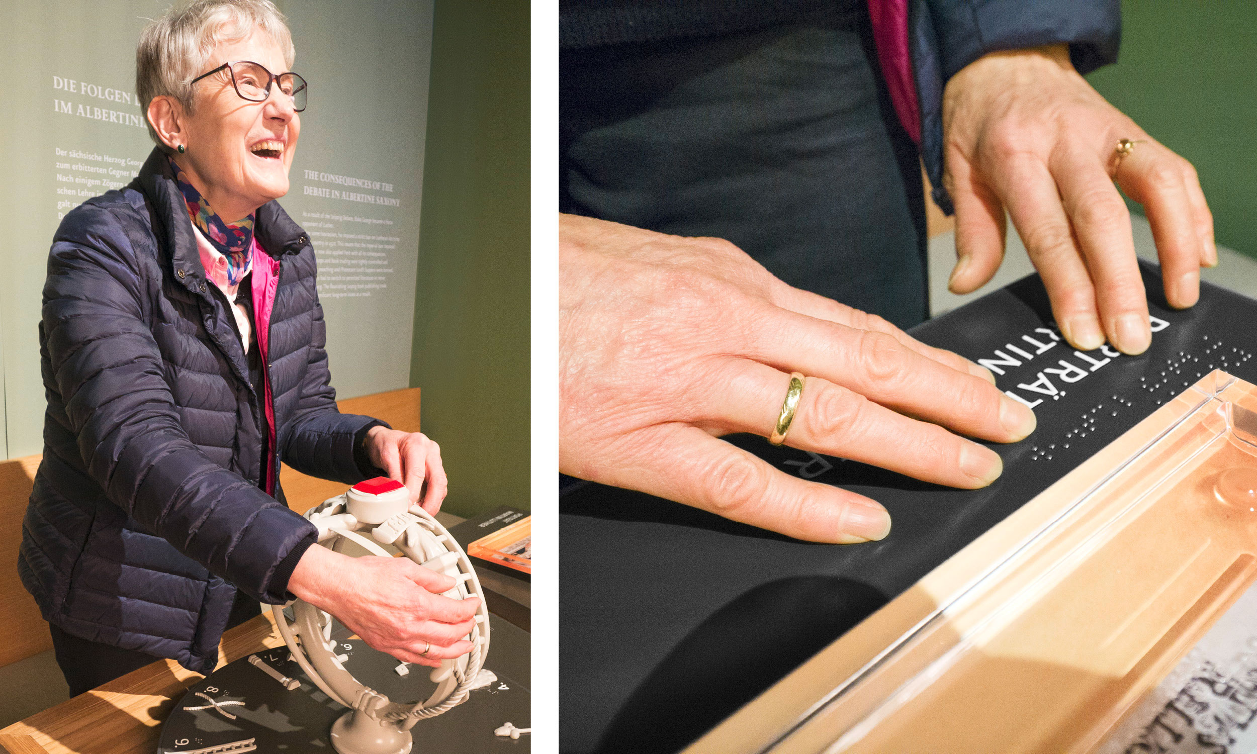 Left: Photo of a standing blind woman palpating the tactile model of the wedding ring of Katharina von Bora. Right: Detail photo of two hands palpating the Braille of the tactile station.