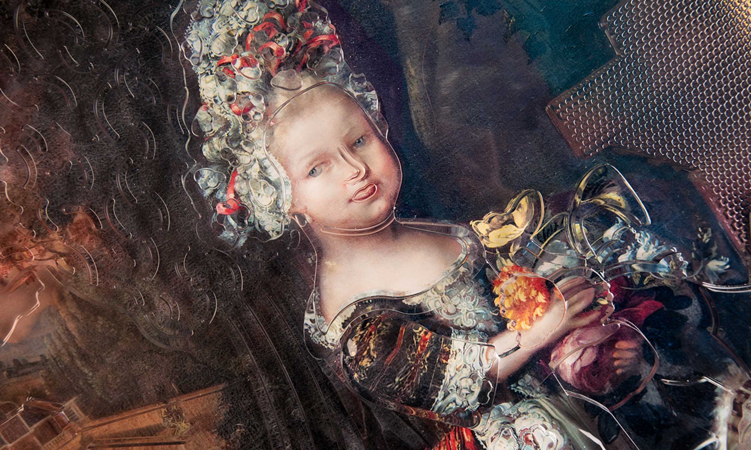 Photo of a detail of the touch painting "The little princess" showing the festively dressed girl with a bouquet of flowers