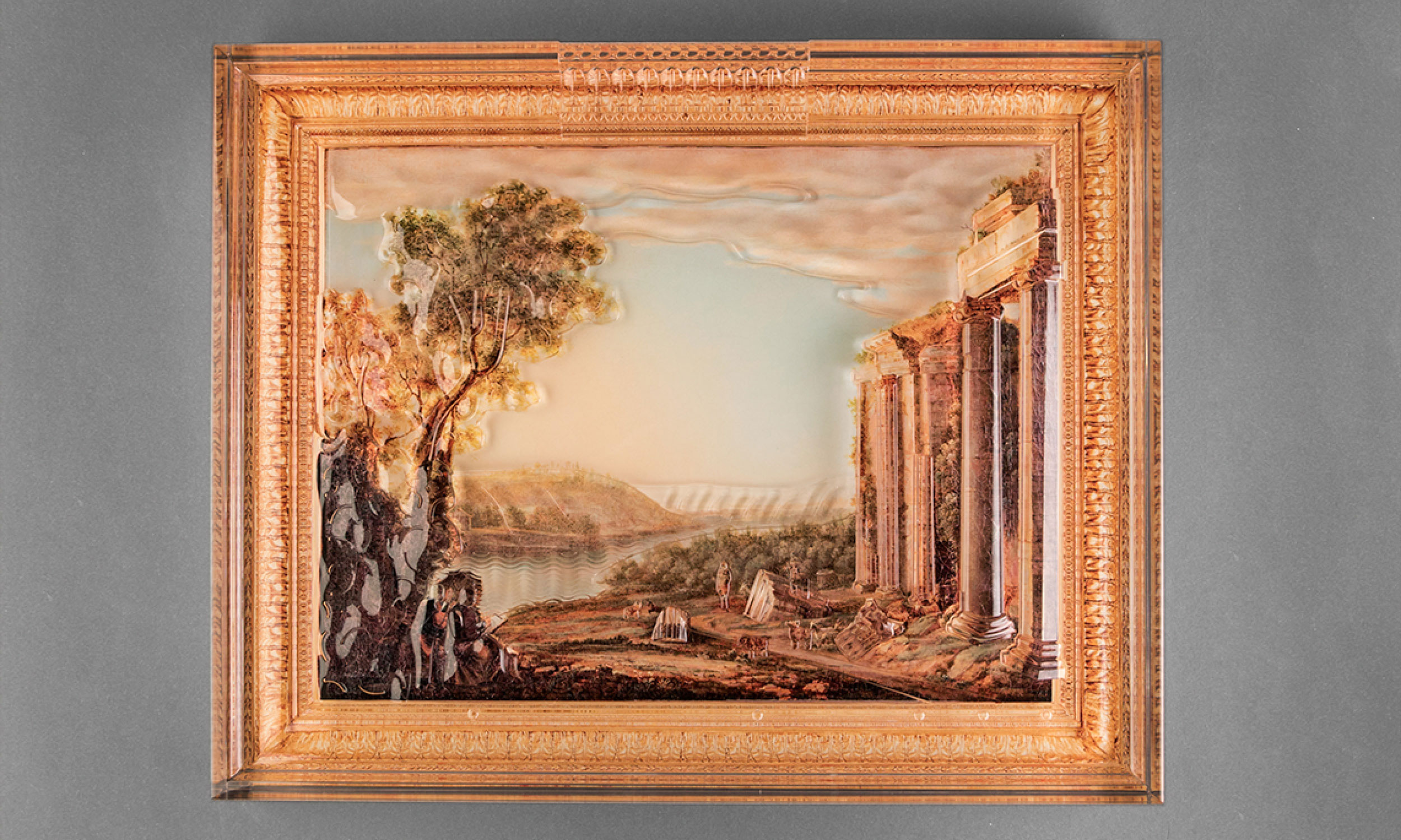 Photo of the tactile painting "Painter in front of a Roman ruin" with frame in front of grey background