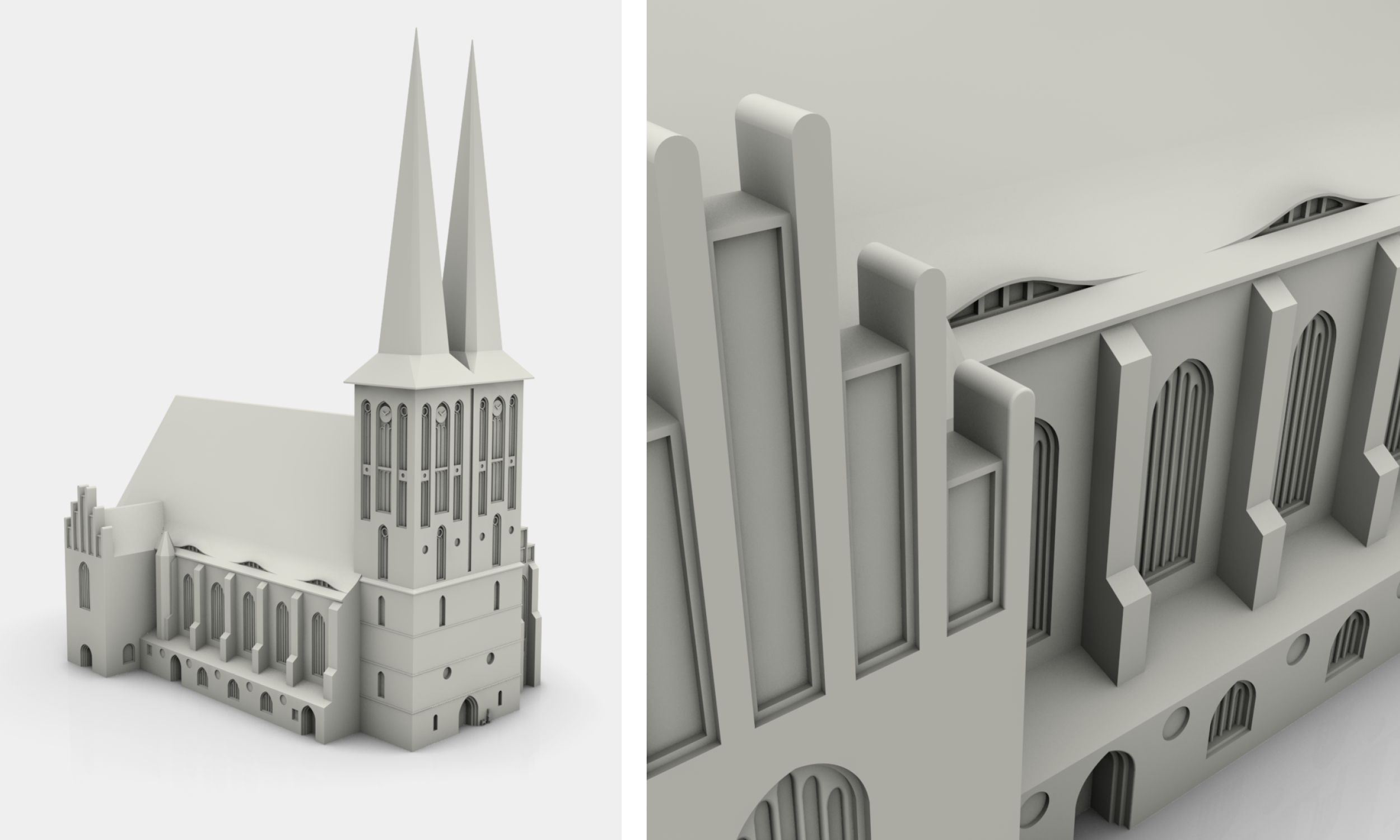 Links: Grafik des Gesamt-Tastmodells der Nikolaikirche. Rechts: Grafik mit der Ansicht der Nordseite der Nikolaikirche.