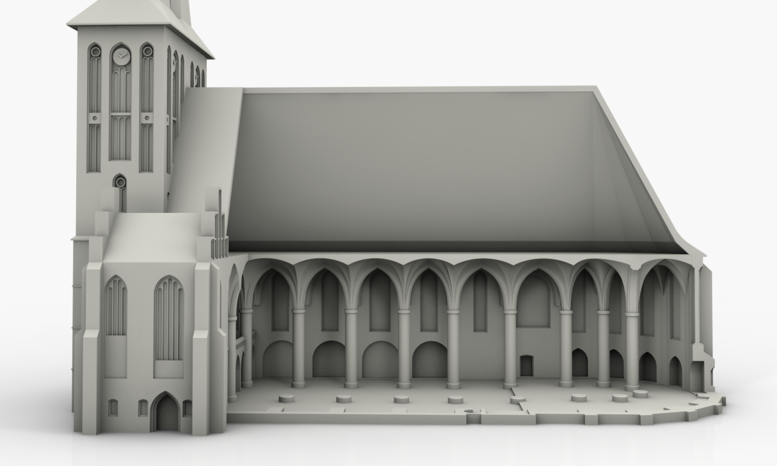 This graphic shows the complete model with the cut open interior of the Nikolaikirche.