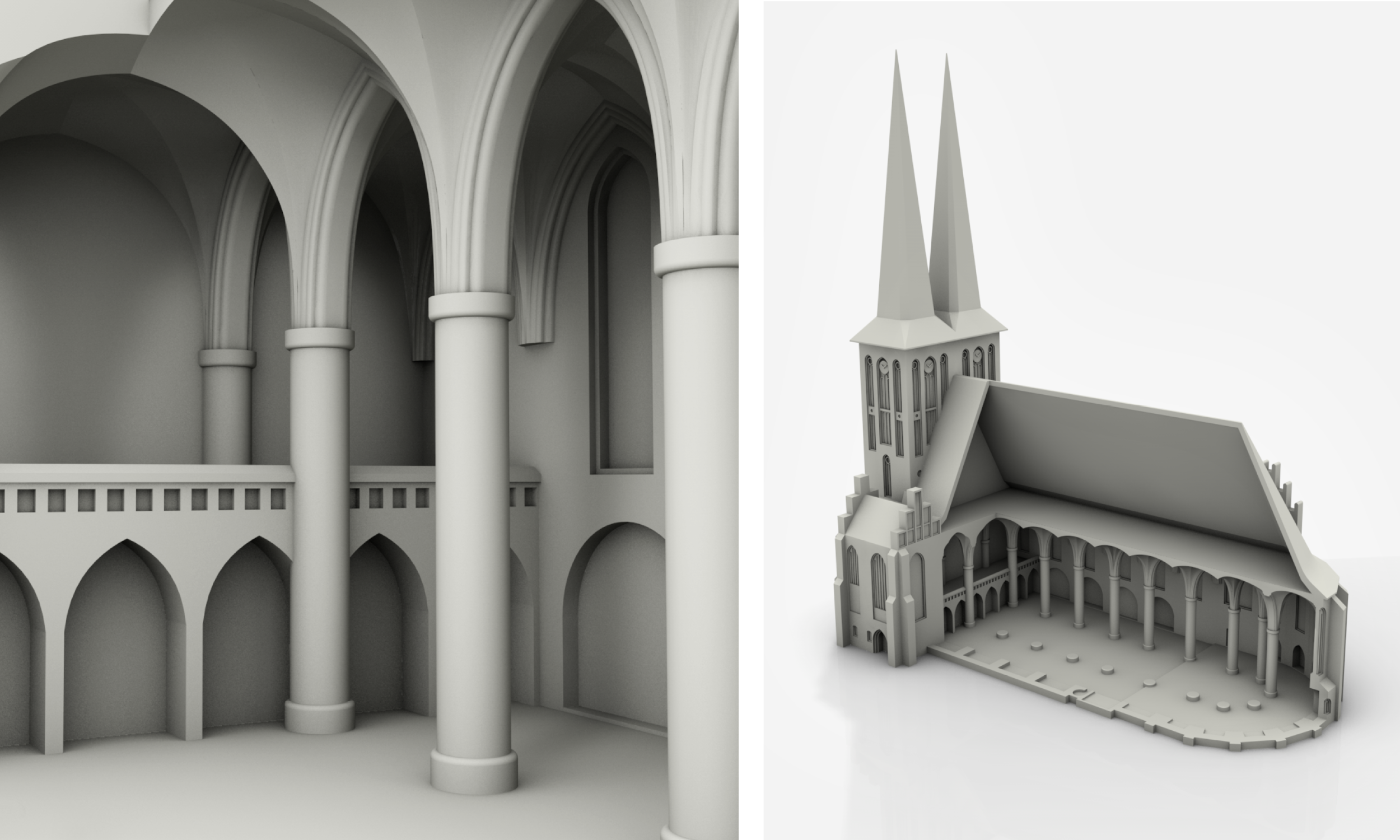 Links: Diese Grafik den Innenraum der Nikolaikirche mit der Orgelempore, vier der Pfeiler und dem Gewölbe. Rechts: Diese Grafik zeigt das Gesamtmodell mit dem aufgeschnittenen Innenraum der Nikolaikirche.