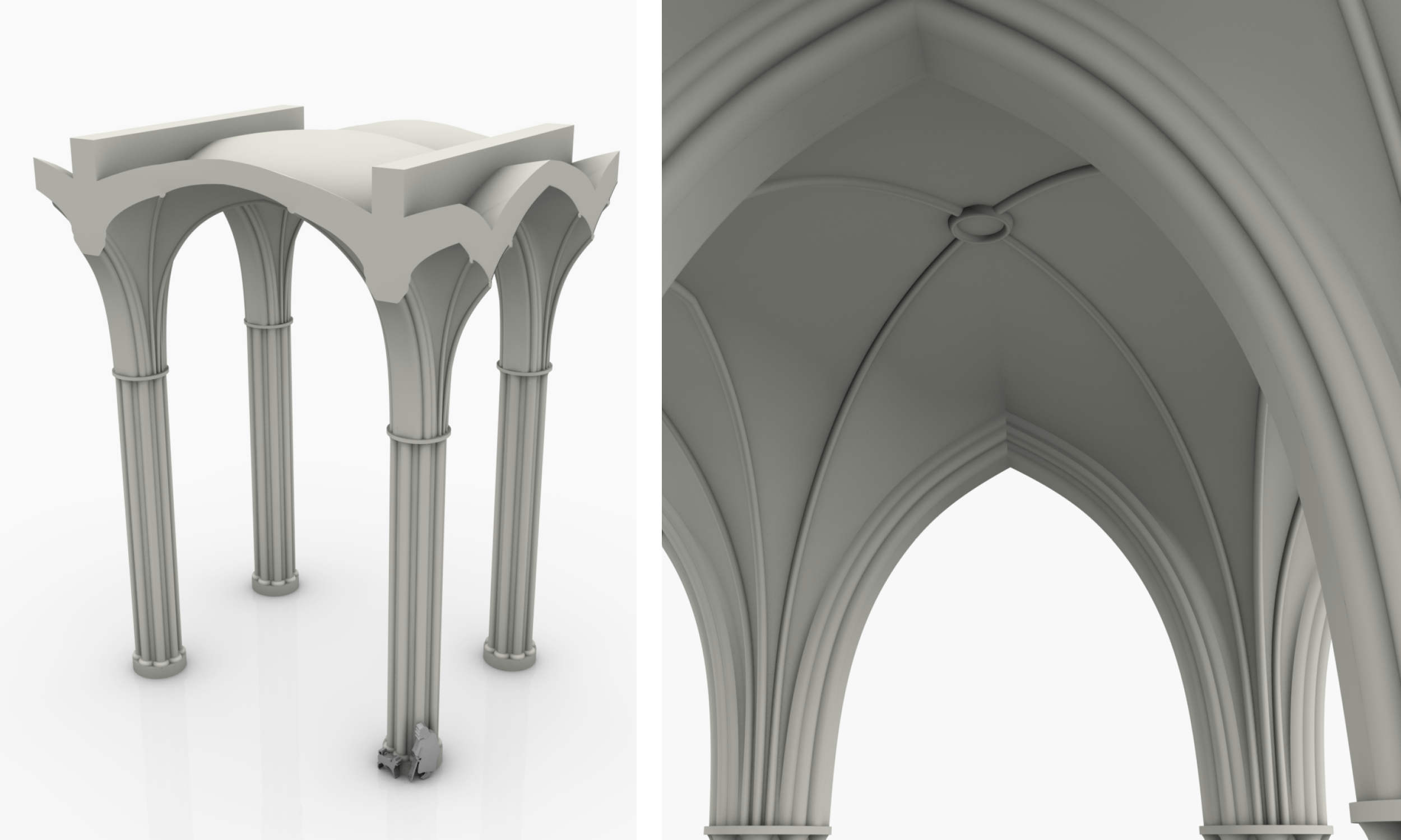 Links: Diese Grafik zeigt das Gewölbemodell der Nikolaikirche. Rechts: Diese Grafik zeigt das Gewölbemodell der Nikolaikirche von unten.