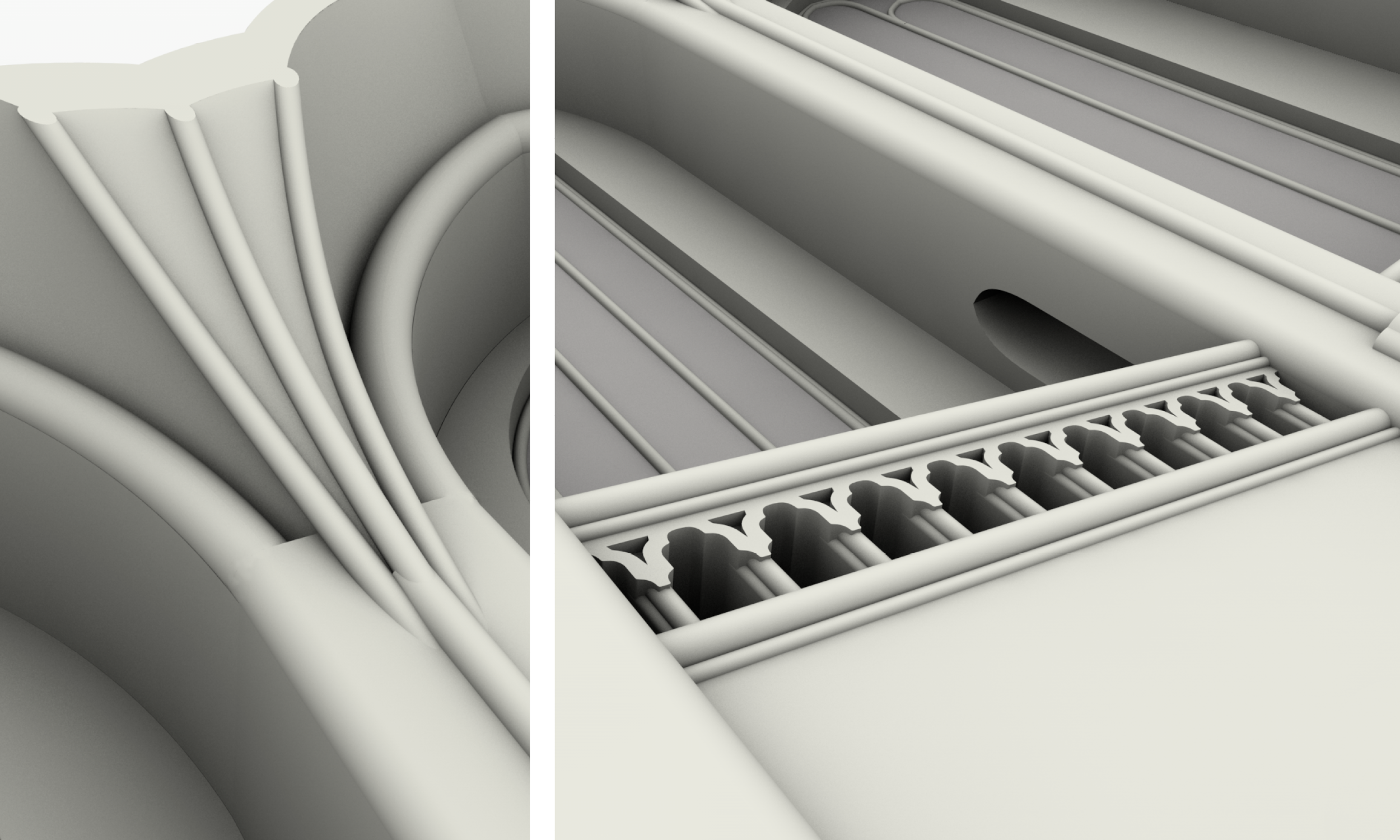 Links: Diese Grafik zeigt ein Detail des Wandausschnittes: den Gewölbe-Ansatz. Rechts: Diese Grafik zeigt das Detail des Chorumgangs des Wandausschnittes.