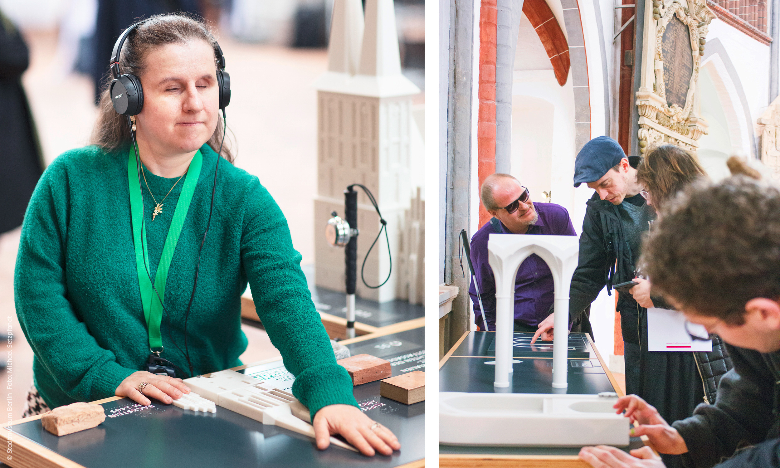 Left: A blind visitor feels the model of the west facade. She uses the audio guide to get information about this section of the Nikolaikirche. Right: Four visitors stand in front of the second tactile station and explore the three different models.