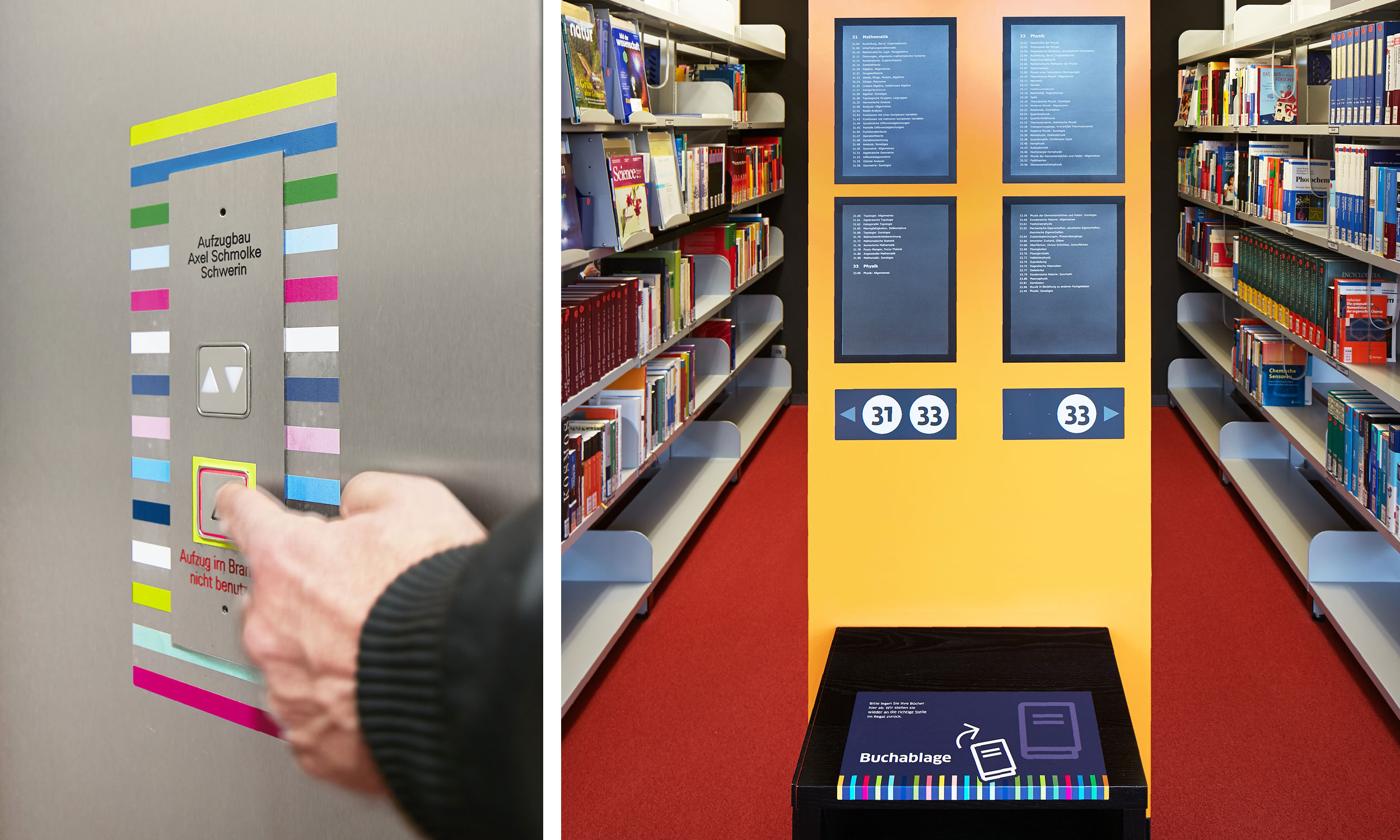 Left photo: Photo showing a view of a coloured lift sign Right photo: Photo showing the front of a shelf of the open access library with magnetic signs for stock indication and a book deposit table