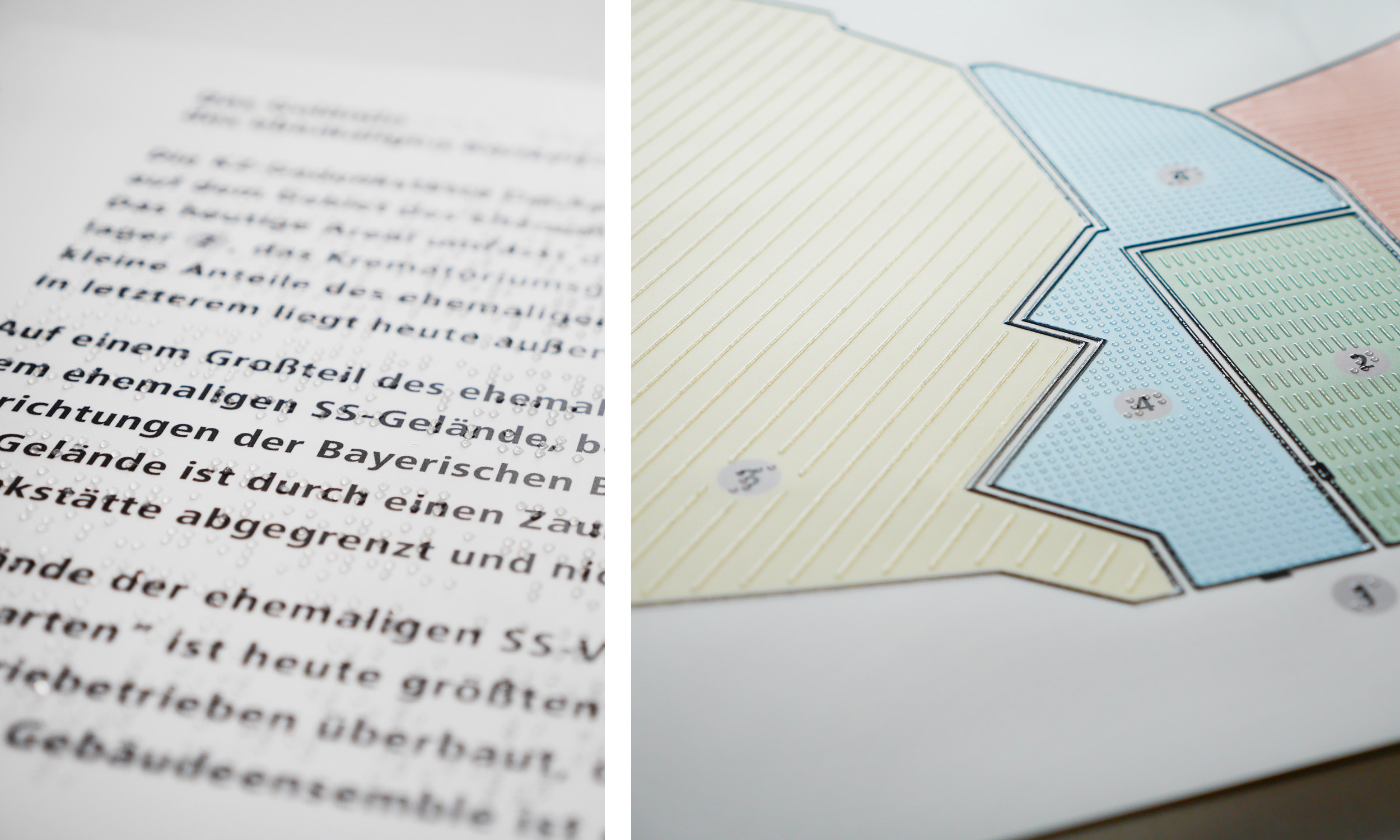 Zwei Detailfotos eines Tastplanes zur Darstellung von Textseiten mit Braille- und Großschrift sowie eines farbigen taktilen Lageplanes