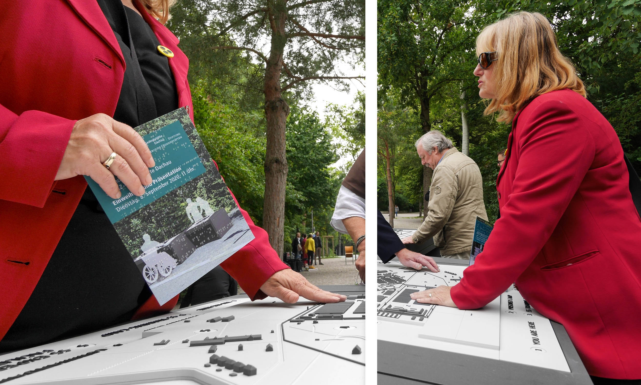 Two photos of a blind woman at the inauguration of the tactile models