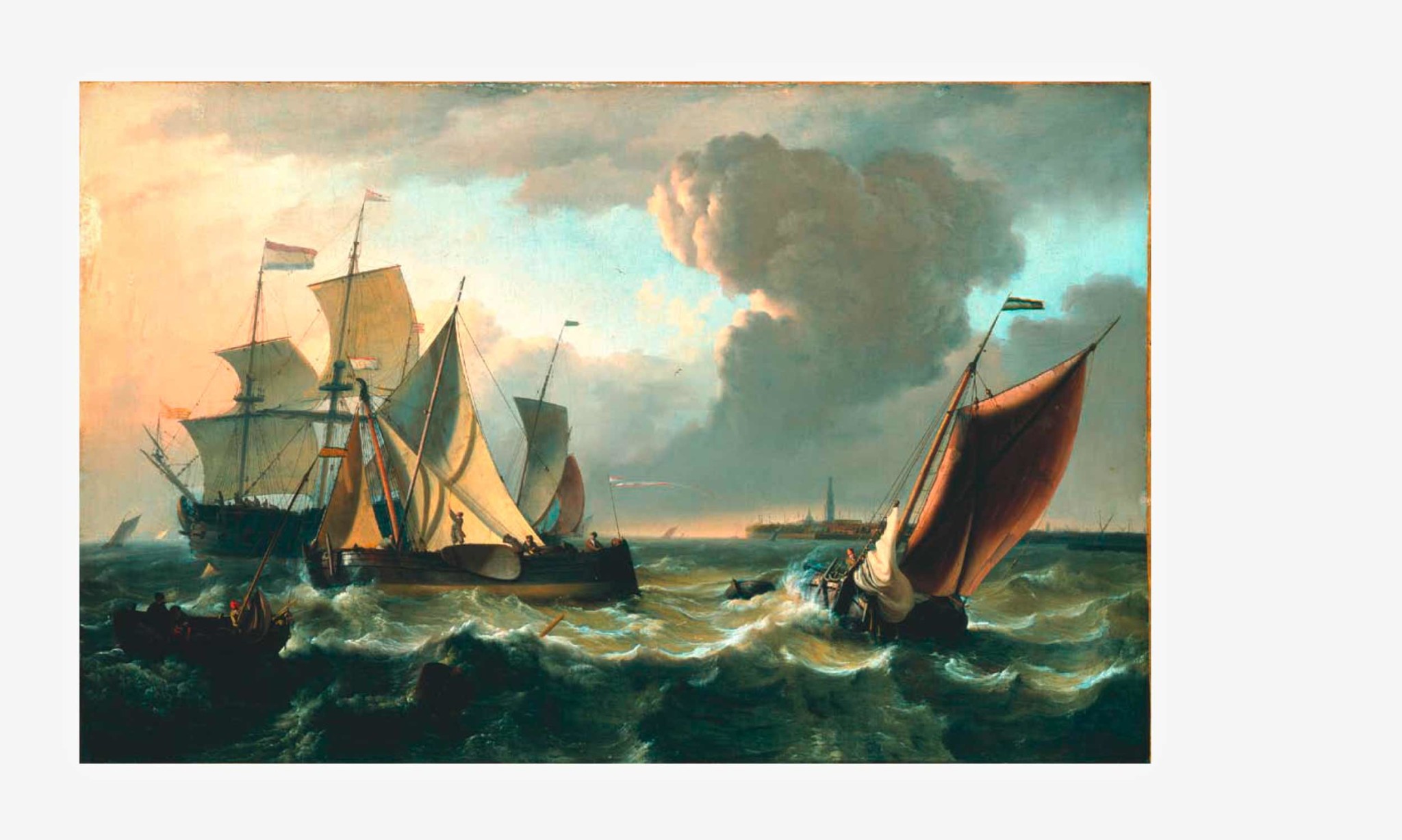 An illustration of the painting Moving Sea with Ships by the Dutch painter Ludolf Backhuyzen. It shows four different sailing ships at sea in a strong swell. On the horizon is an island on which a lighthouse stands.