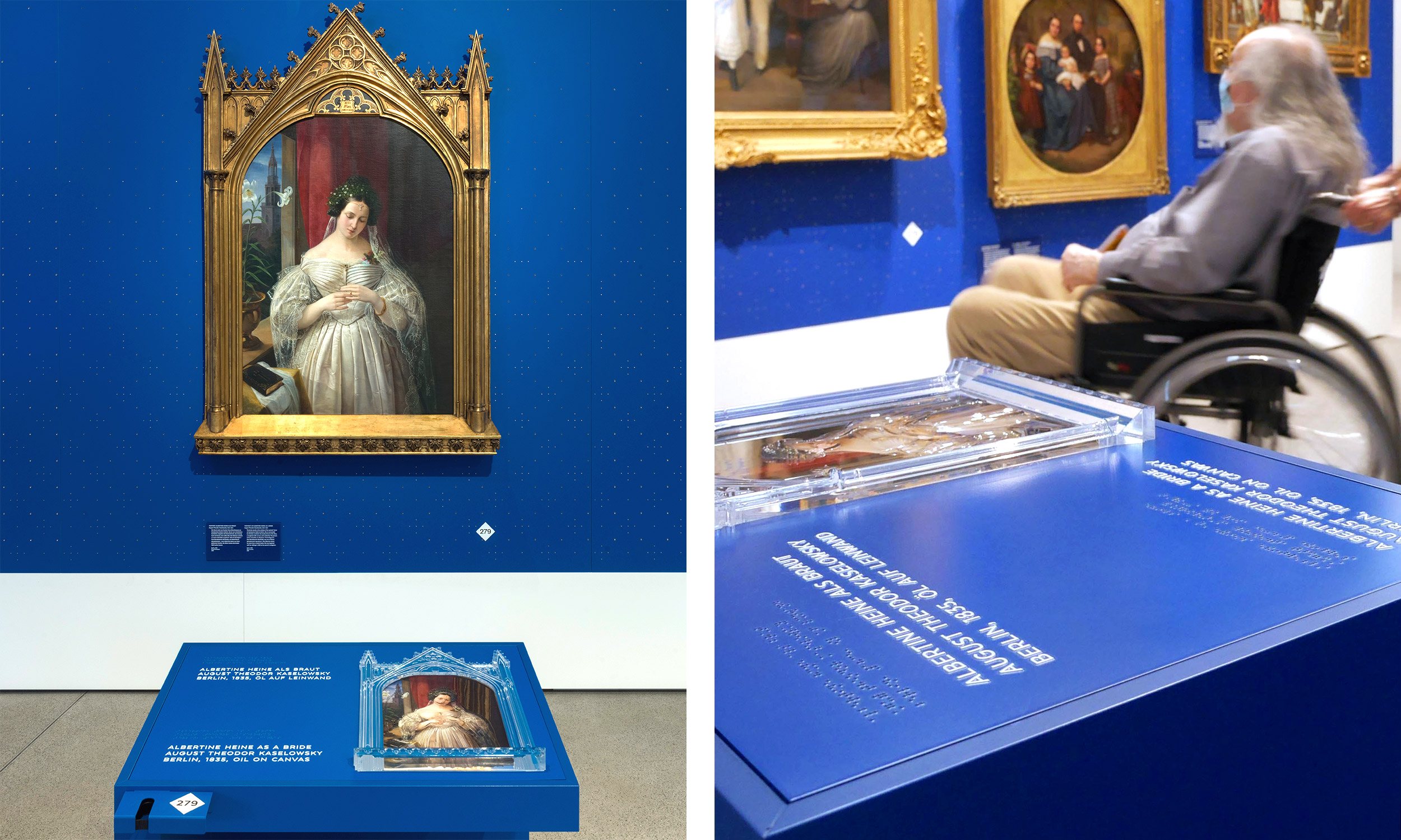 Two photos of a room in the Jewish Museum in Berlin. In the center of the left photo the painting "Albertine Heine as a bride" on the wall with tactile model of the artwork and explanation in black letter and Braille in front of it on a table. In the right photo an elderly person in a wheelchair next to the tactile model of the artwork.