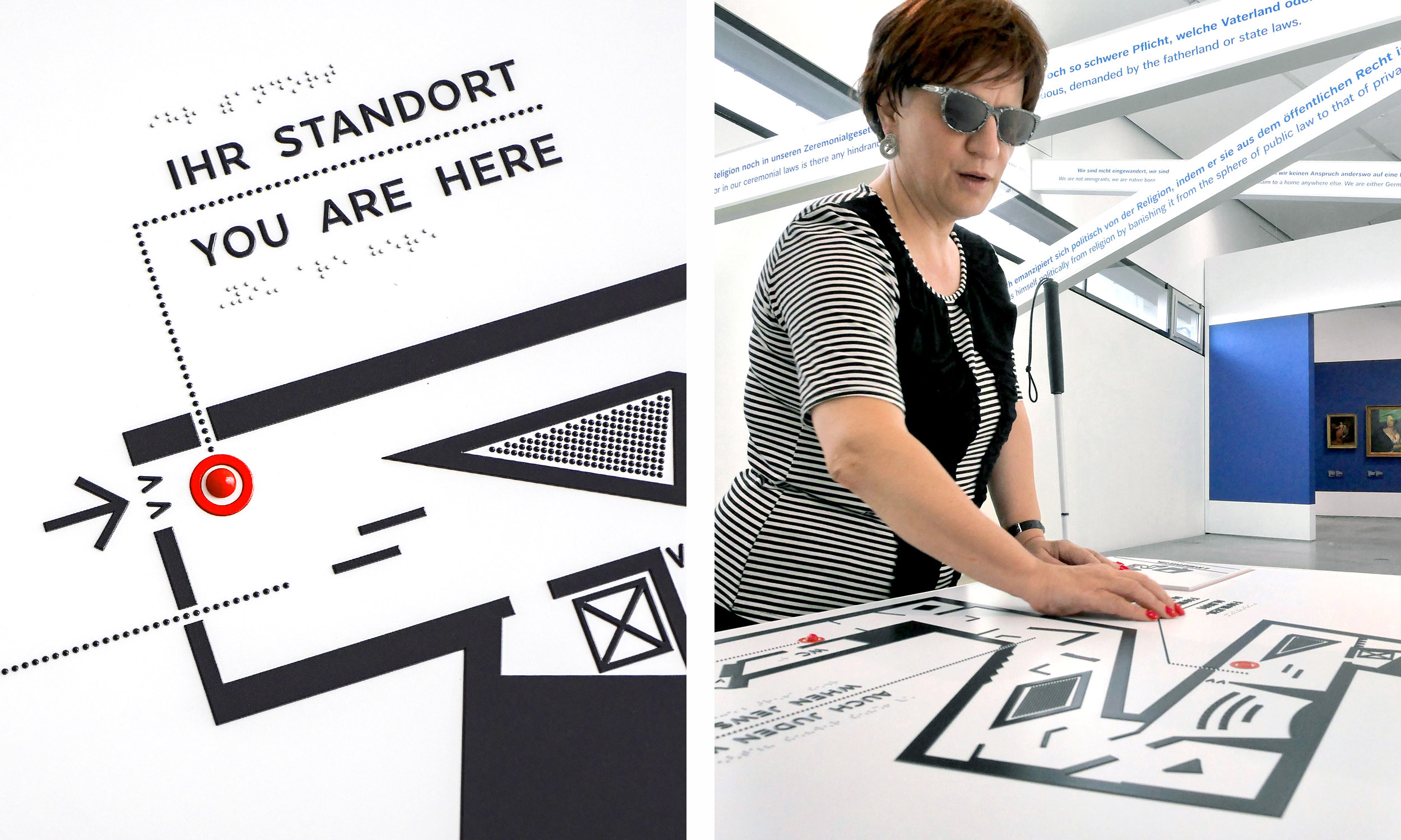 Two photos of the tactile map for orientation in the Jewish Museum in Berlin. The right photo shows a detailed view of the tactile map with its own location marked. The right photo shows a woman feeling the plan for orientation in the museum building. In the background, at the top of the ceiling, white struts can be seen from wall to wall with blue lettering on a white background.