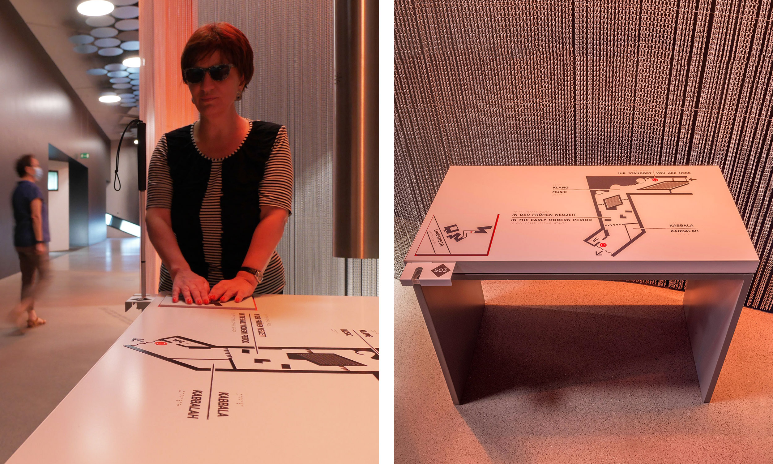 Two photos of a tactile map in the Jewish Museum in Berlin on a table. In the left photo, a woman standing at the side of the table is feeling parts of the plan. A cane holder is attached to the left of the tactile plan.