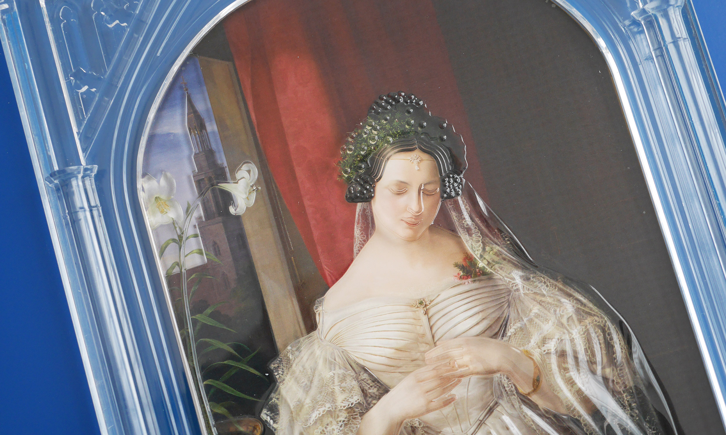 Detailfoto vom oberen Teil eines Tastmodells. Das Bild zeigt das Gemälde „Albertine Heine als Braut“ im Jüdischen Museum, Berlin