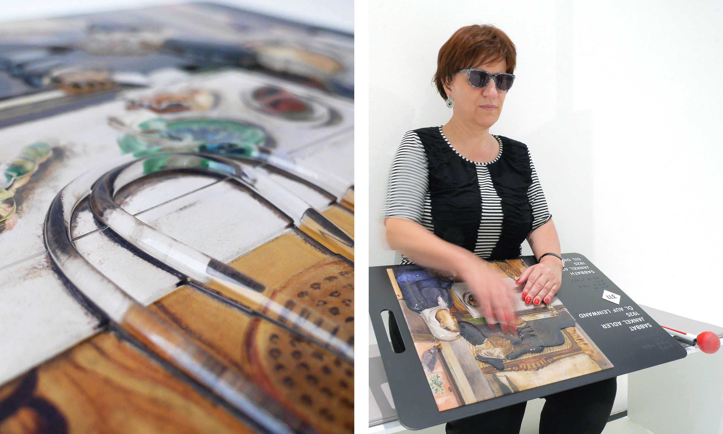 Two photos of the tactile model of the painting "Sabbath" by Janker Adler. The left photo is a detail view of the center of the acrylic tactile model and shows parts of the structure. The right photo shows a woman in the center of the photo sitting on a bench with a mobile tactile painting on her lap. The woman is palpating the center of the painting.