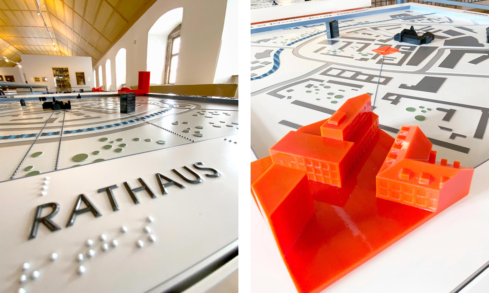 Zwei Detailfotos: Links eine Beschriftung des Modells – das Wort „Rathaus“ als kontrastreiche, tastbare Beschriftung und in Brailleschrift. Rechts einige Häuser als vergrößertes Detail.