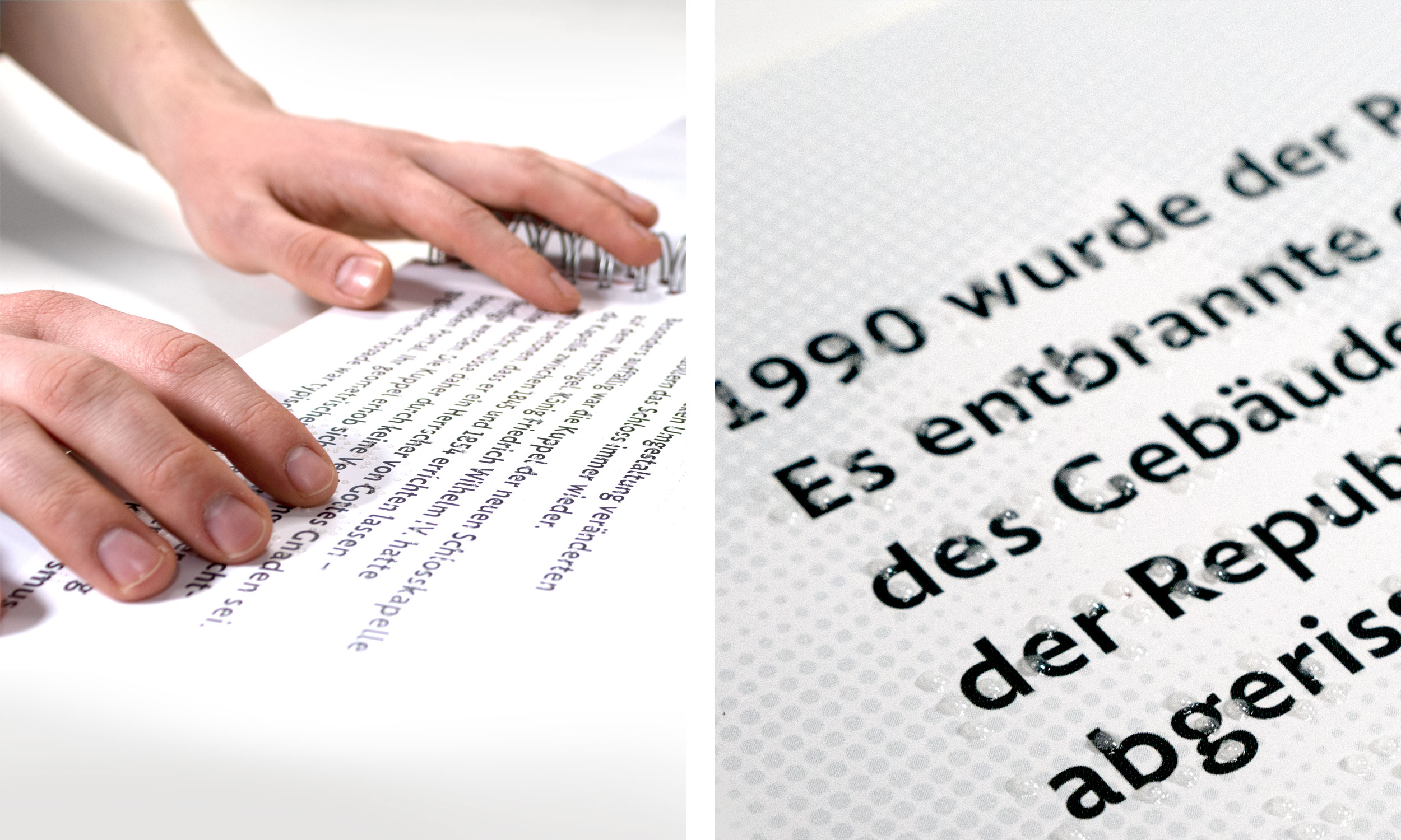 Links: Eine Person beim lesen der Brailleschrift auf einer Textseite des Tastbuche. Rechts: Nahaufnahme typografischer Details einer Textseite mit Schwarzschrift und transparenter Braille