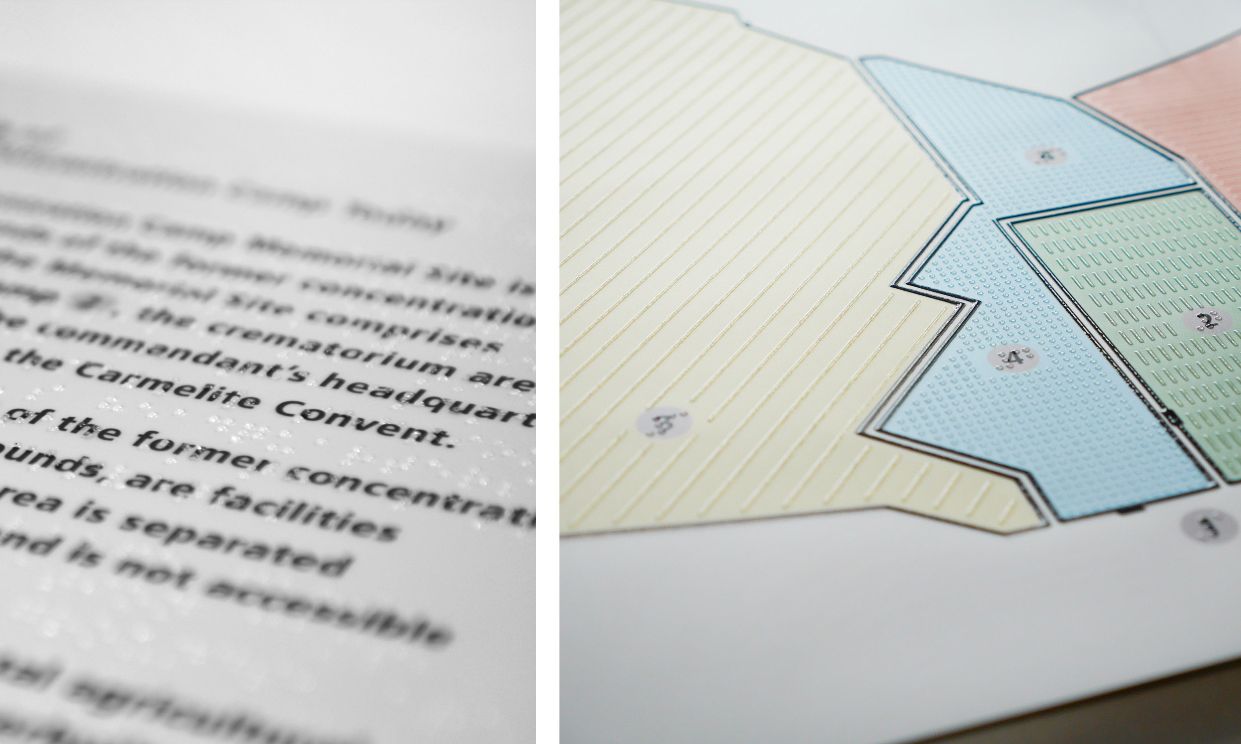 Two detail photos of a tactile map to show text pages with Braille and large print, and a color tactile site plan